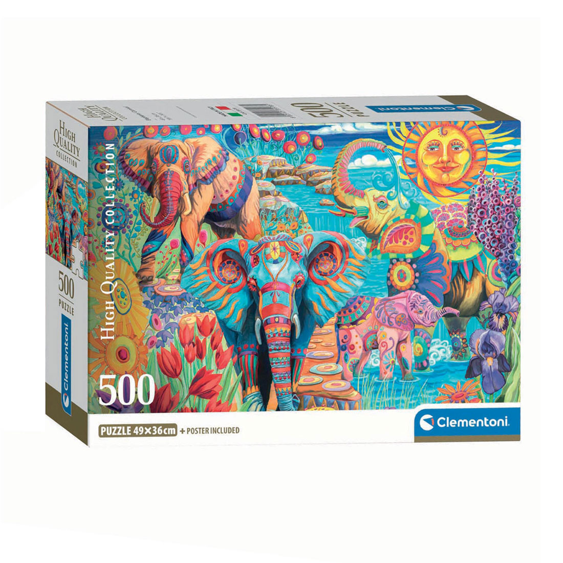 Une boîte de puzzle Clementoni de 500 pièces présente des éléphants et des fleurs colorés.