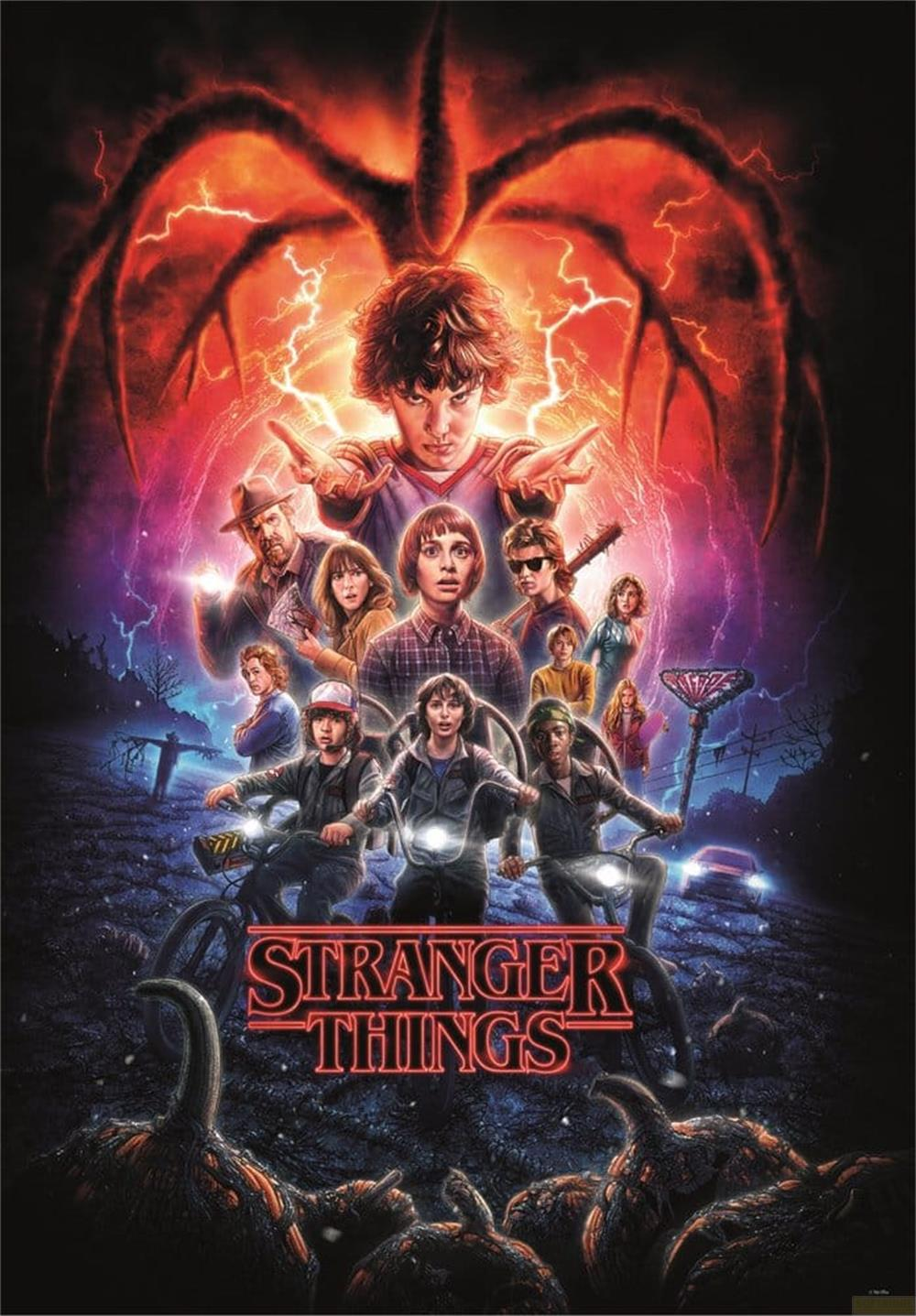 Stranger Things Poster: Eleven konfrontiert Demogorgon; Kinder unten auf Fahrrädern.