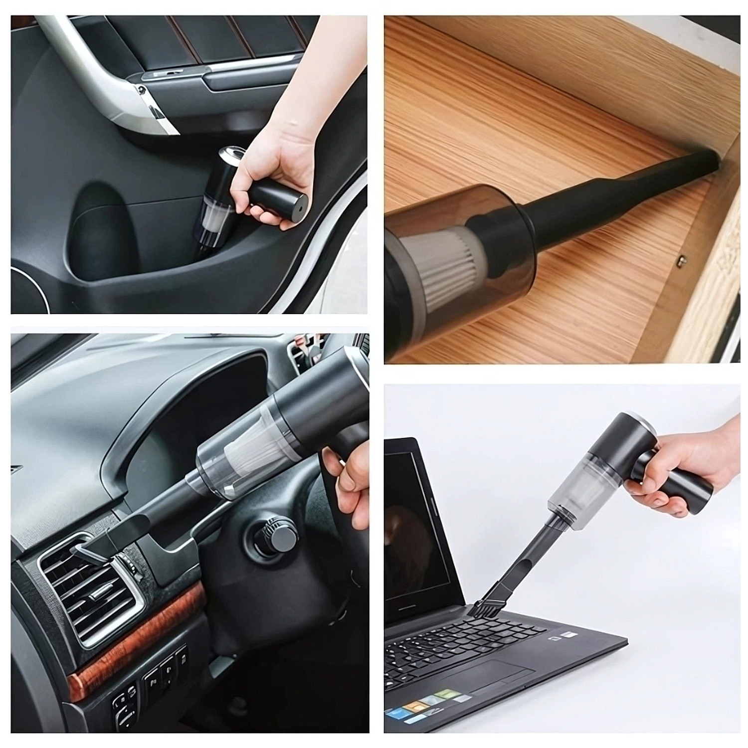 Un aspirapolvere portatile pulisce un'auto, un cassetto e un laptop.