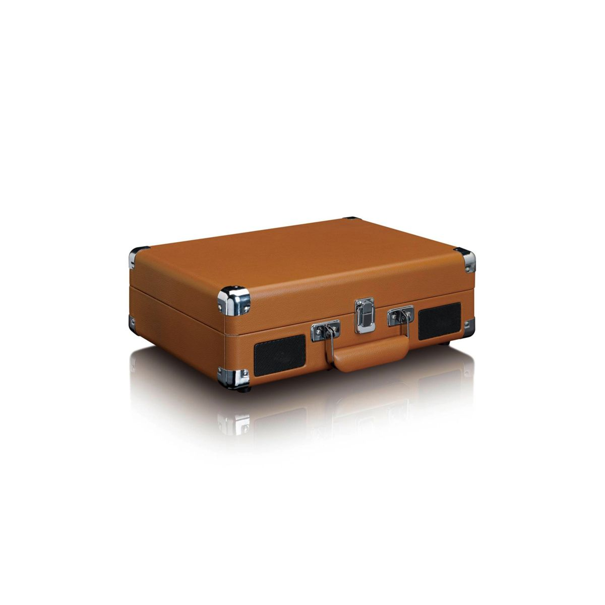 Brązowy gramofon walizkowy ze srebrnymi akcentami i uchwytem.