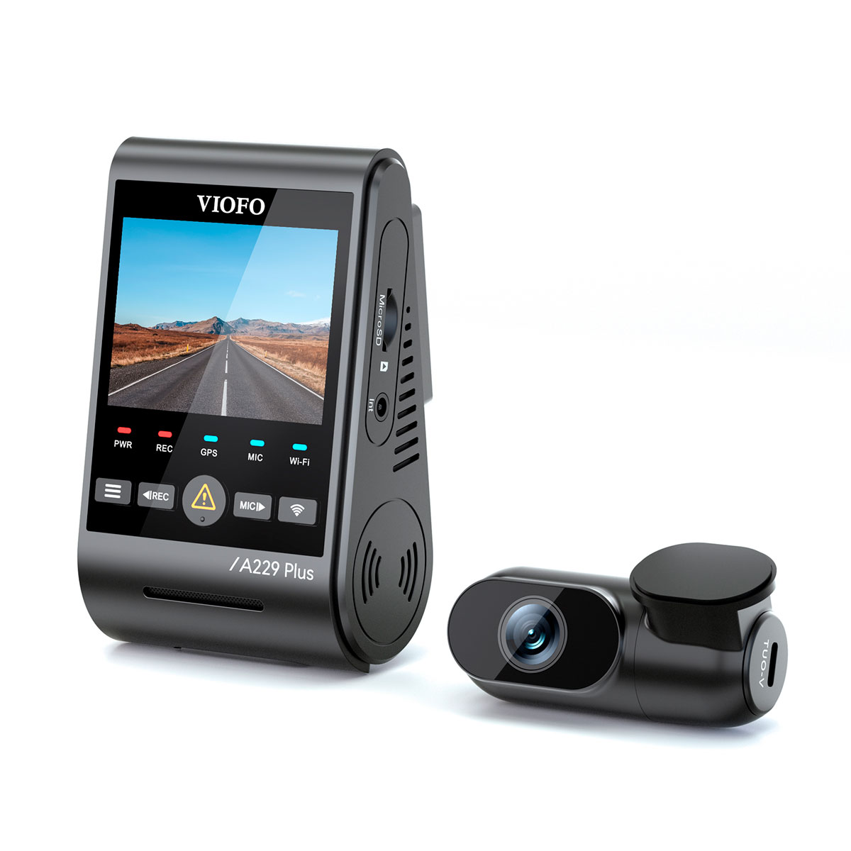 Una dashcam VIOFO nera con schermo che mostra una strada e un'unità fotocamera separata.