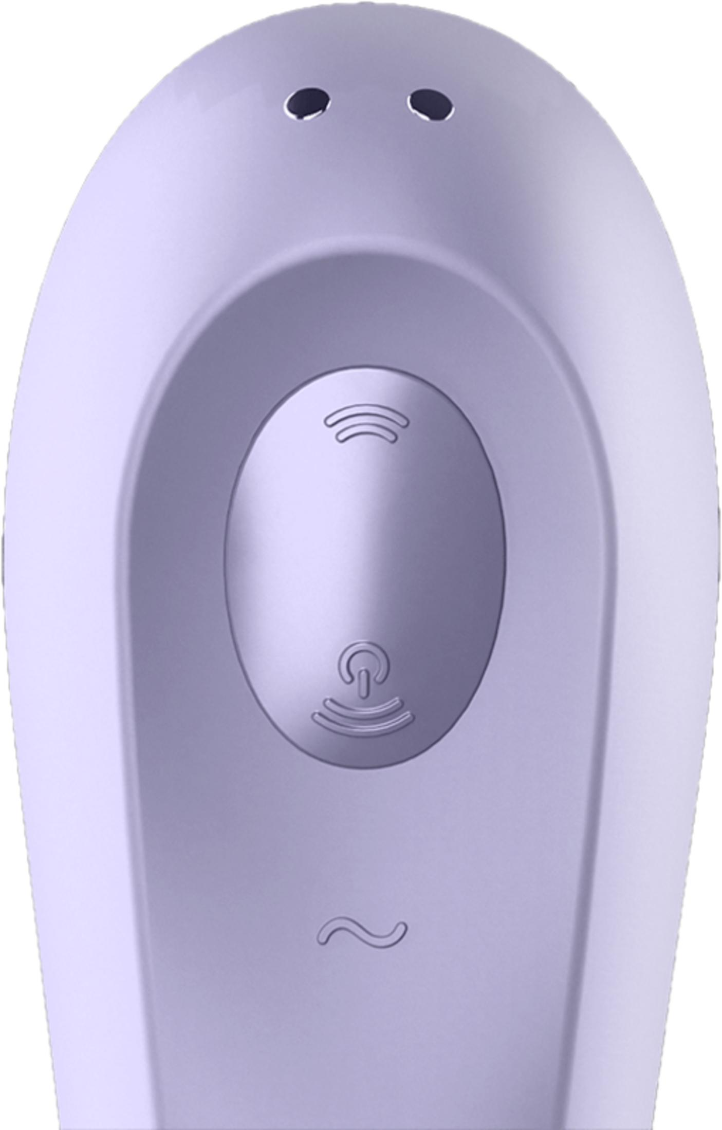 Fioletowe urządzenie z symbolem zasilania i falami.