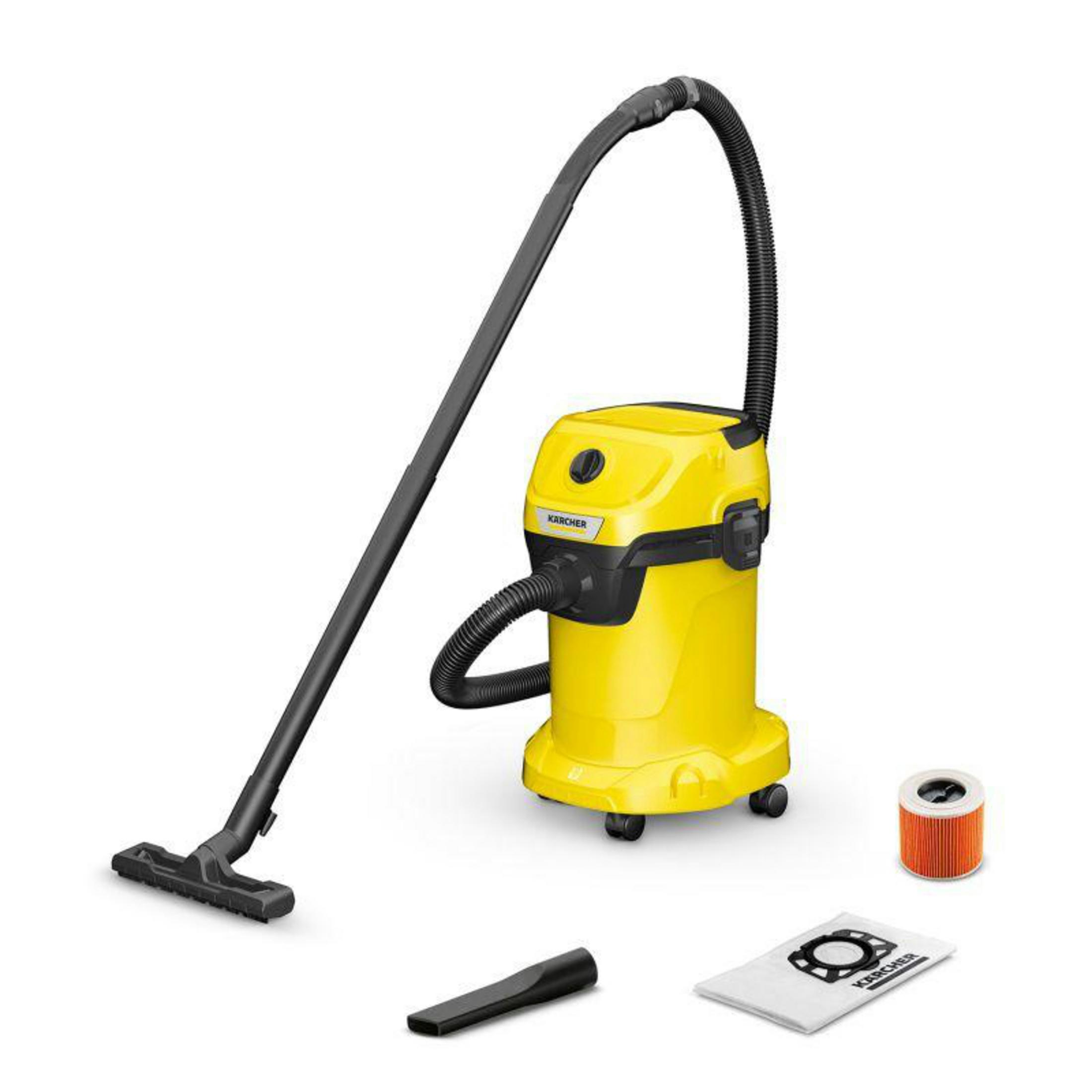 Aspirapolvere Karcher bagnato/asciutto giallo con tubo, bocchetta, filtro e sacchetto.