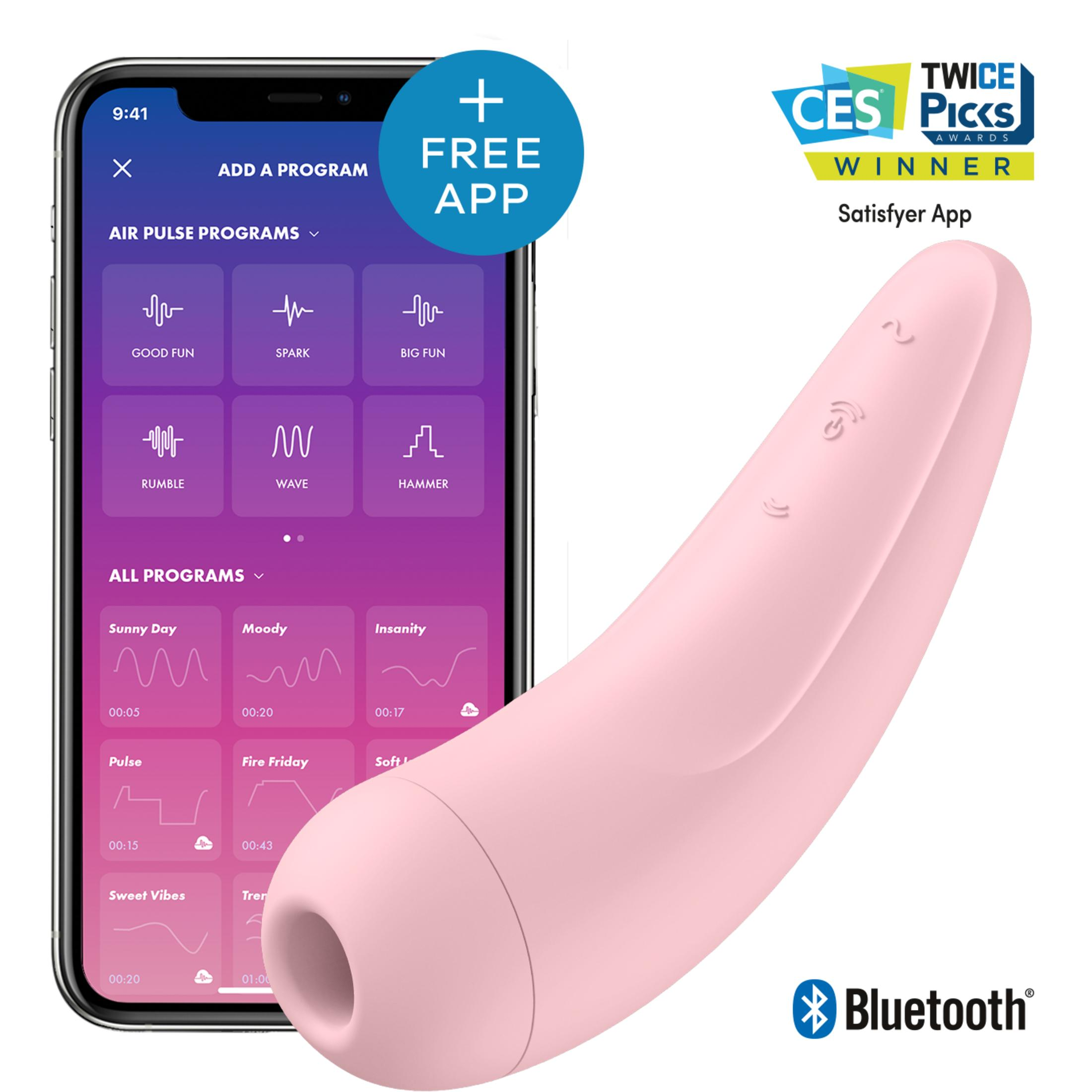 Różowy wibrator z symbolem Bluetooth i wyświetlaczem aplikacji.