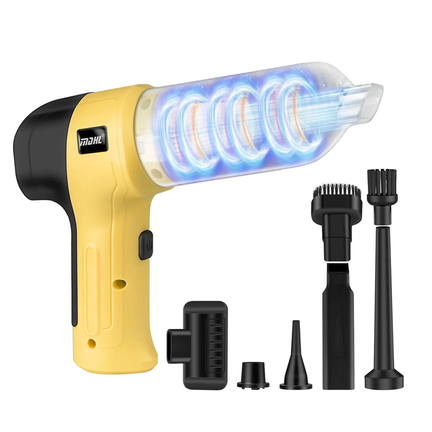 Aspirapolvere giallo portatile con vortice di luce blu e accessori.