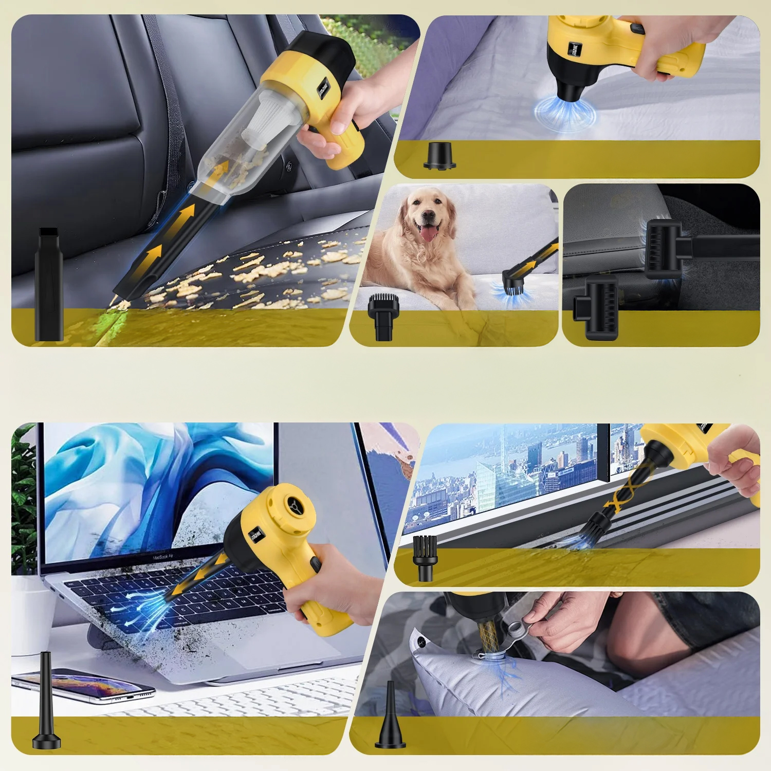 Aspirapolvere giallo pulisce sedile auto, laptop e gonfia materasso ad aria.