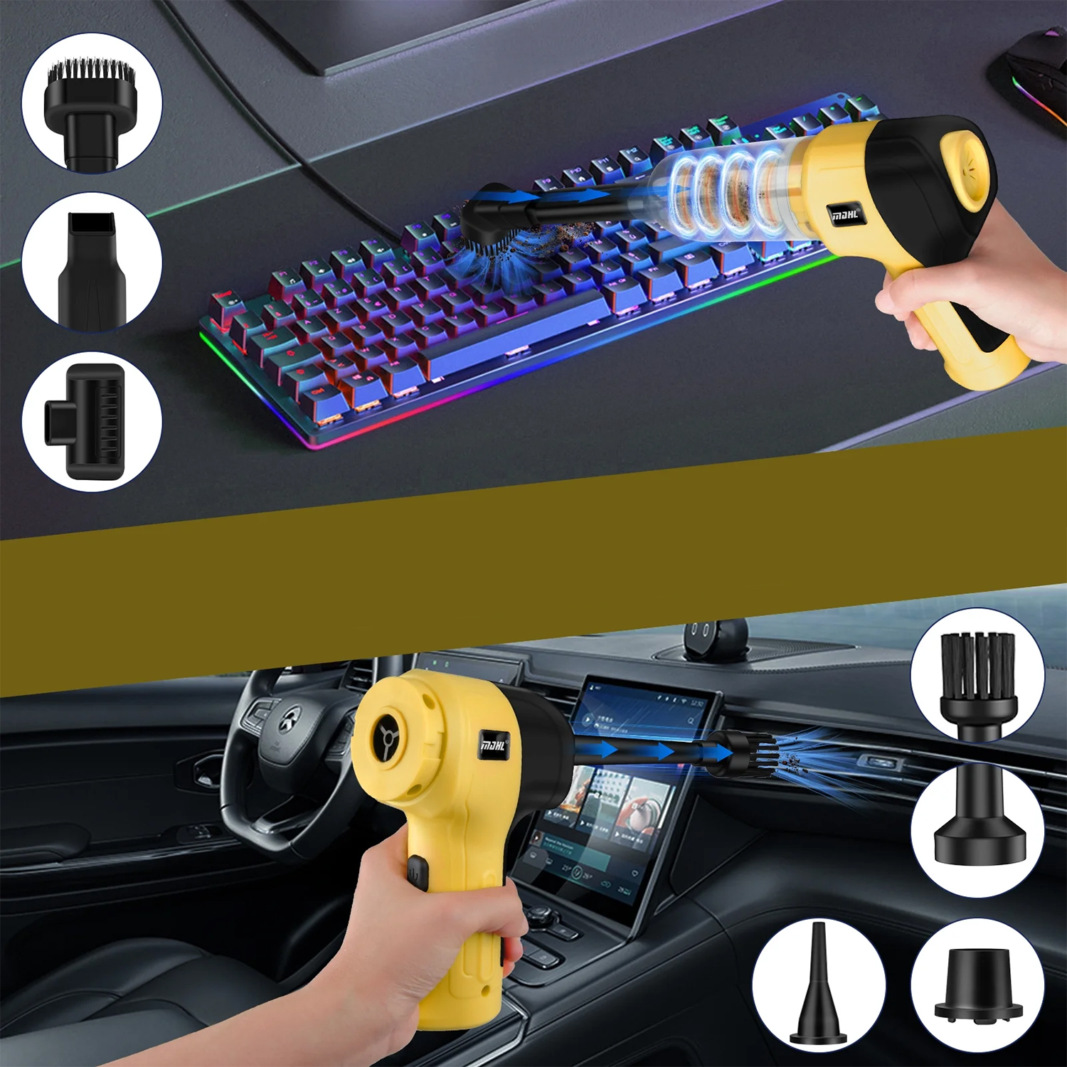 Spolverino ad aria giallo pulisce tastiera e bocchette auto con accessori.