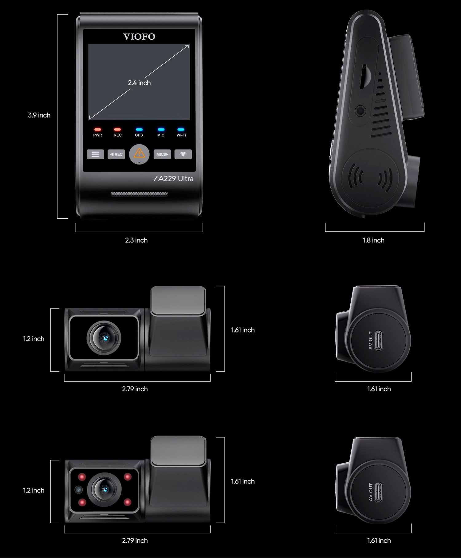 Quattro dashcam nere e accessori su sfondo nero.
