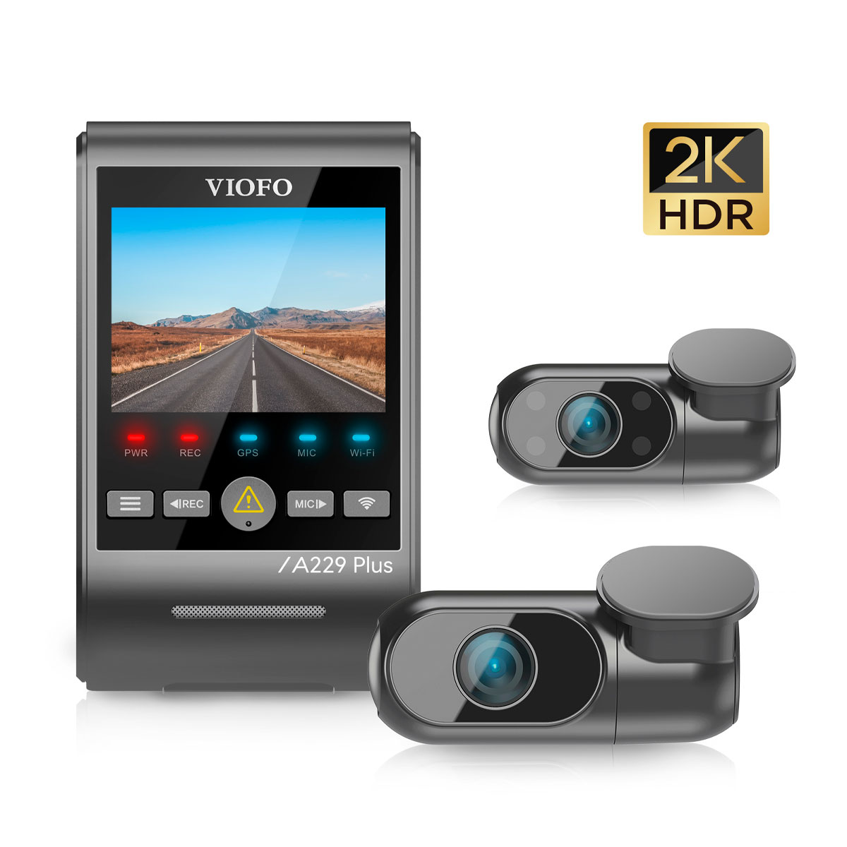 Kamera samochodowa VIOFO z 2K HDR, dwoma małymi kamerami i ekranem.
