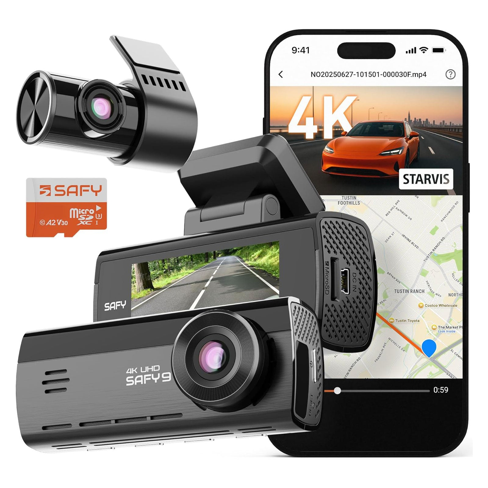 Vengono visualizzate tre dashcam nere, una scheda SD e uno smartphone con mappa e auto.