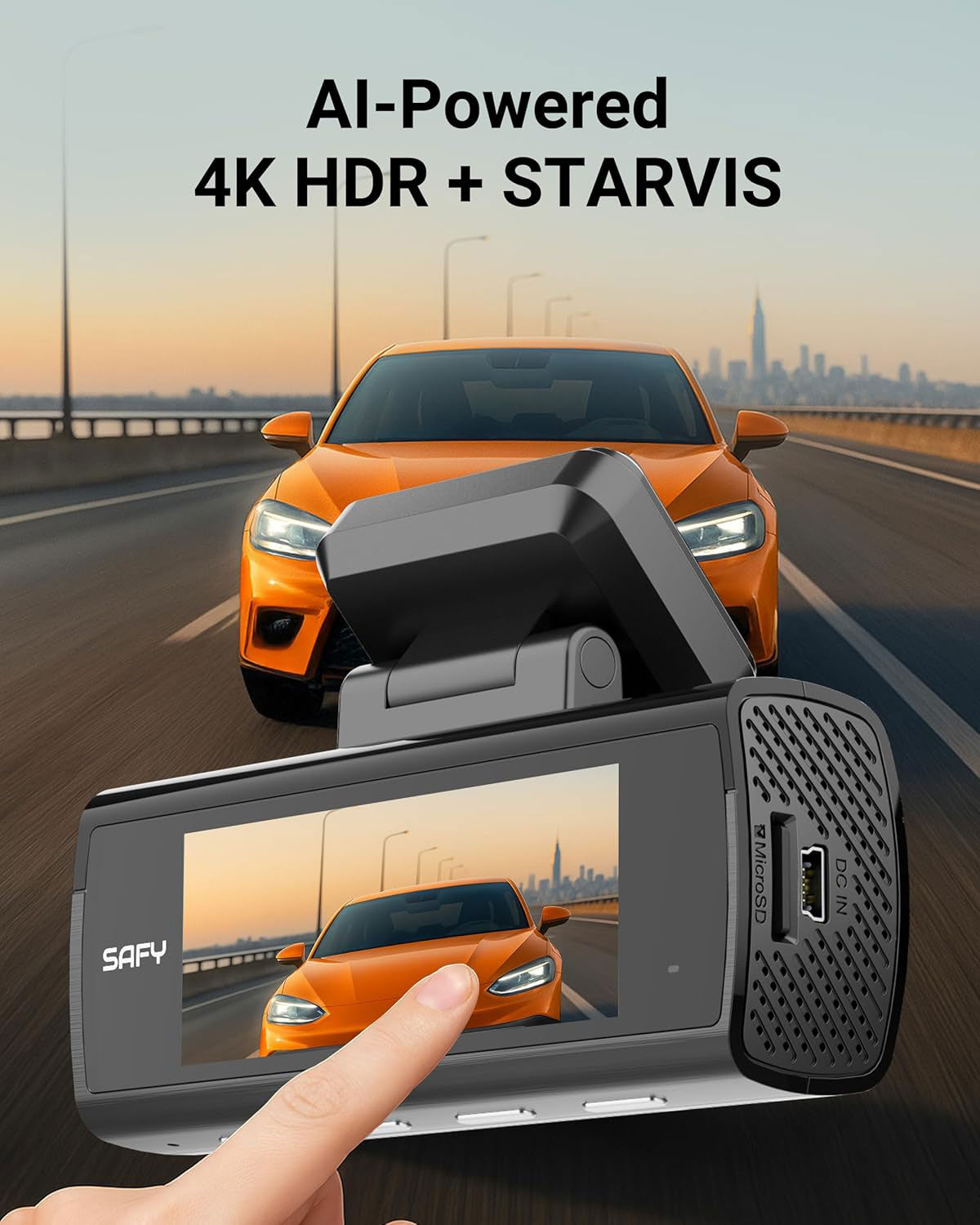 Auto arancione in autostrada con dashcam che mostra vista auto. IA 4K HDR.