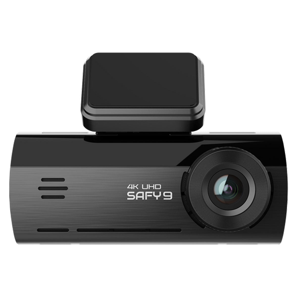Dashcam SAFY9 4K UHD nera con obiettivo e supporto.