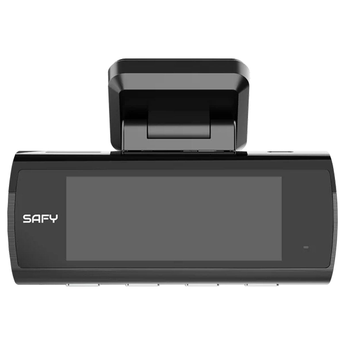 Una dashcam Safy nera con schermo grigio e supporto regolabile.