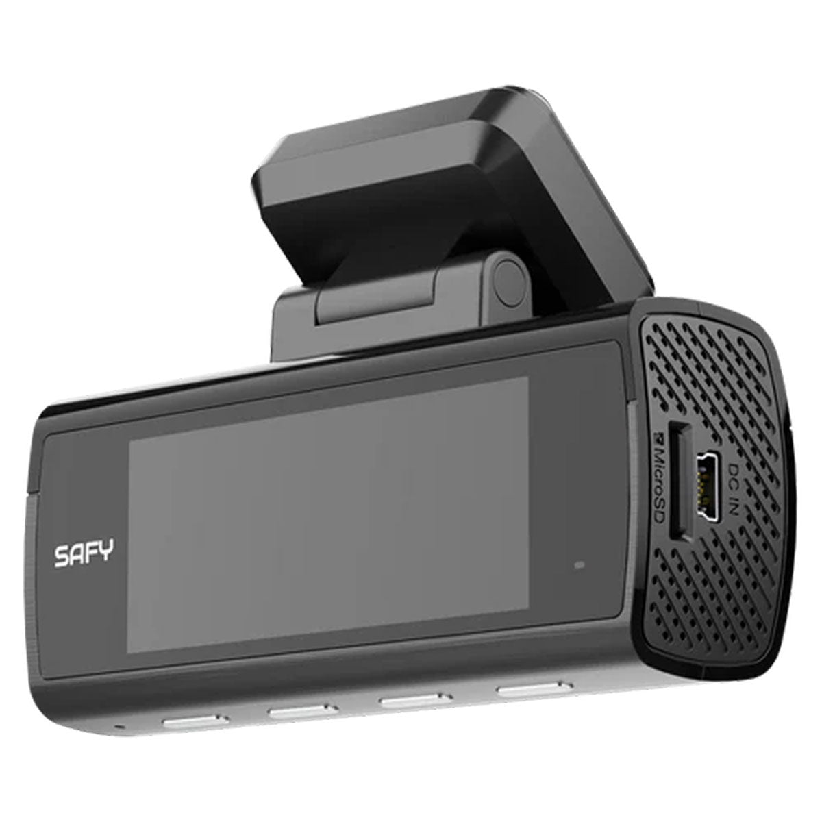 Una dashcam nera con schermo e pulsanti di registrazione.