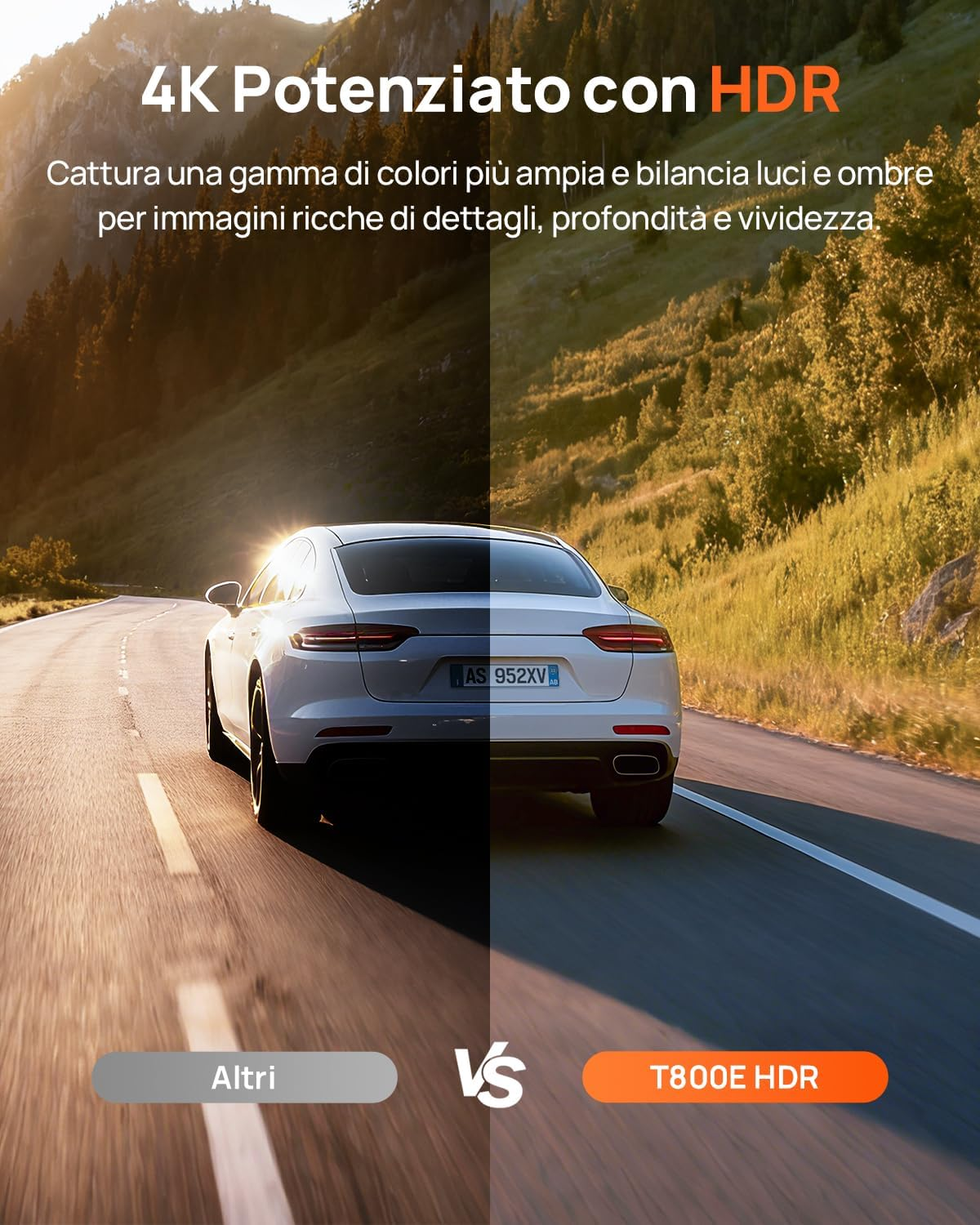 Porsche bianca su strada, pubblicità 4K HDR.