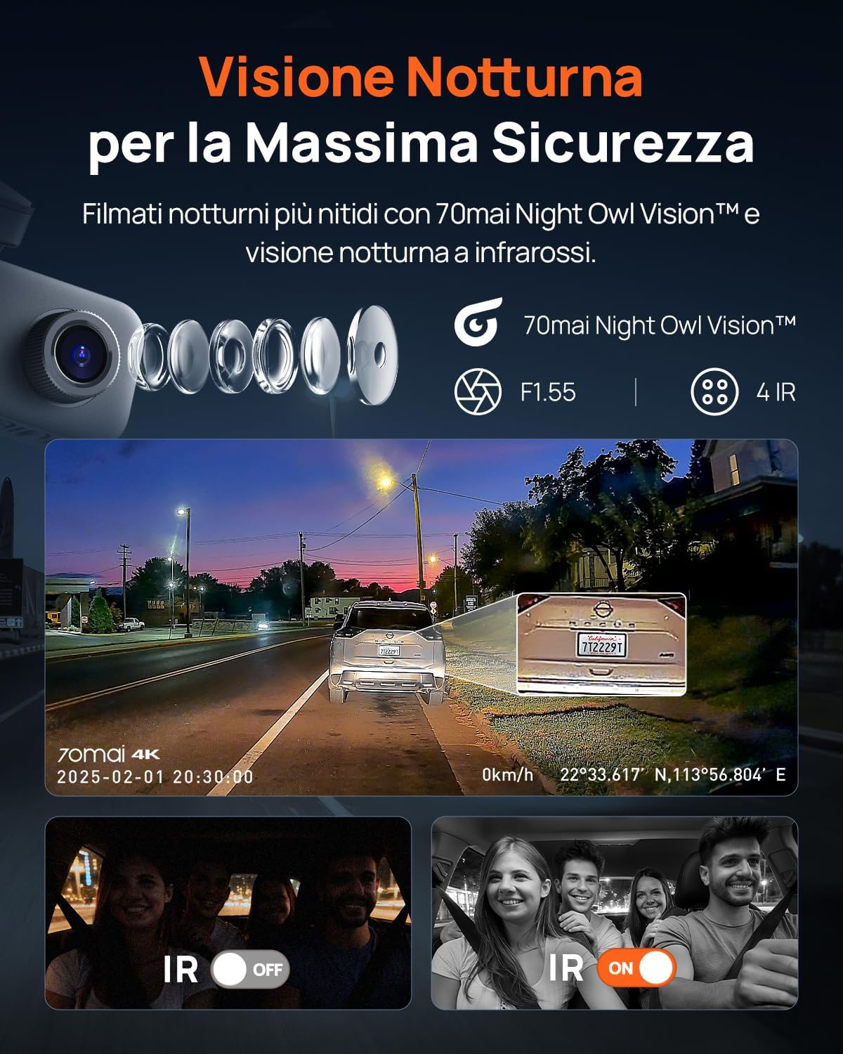 Screenshot di una dashcam con visione notturna, interni e vista strada.