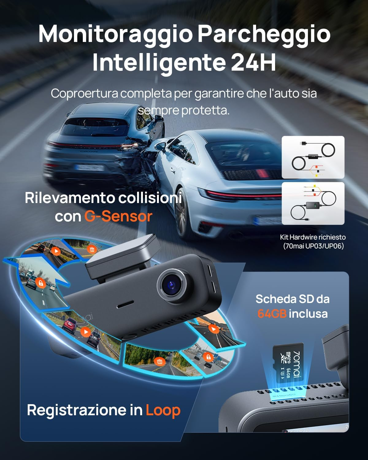 Dashcam mostra incidente auto, G-Sensor, modalità parcheggio, registrazione loop.