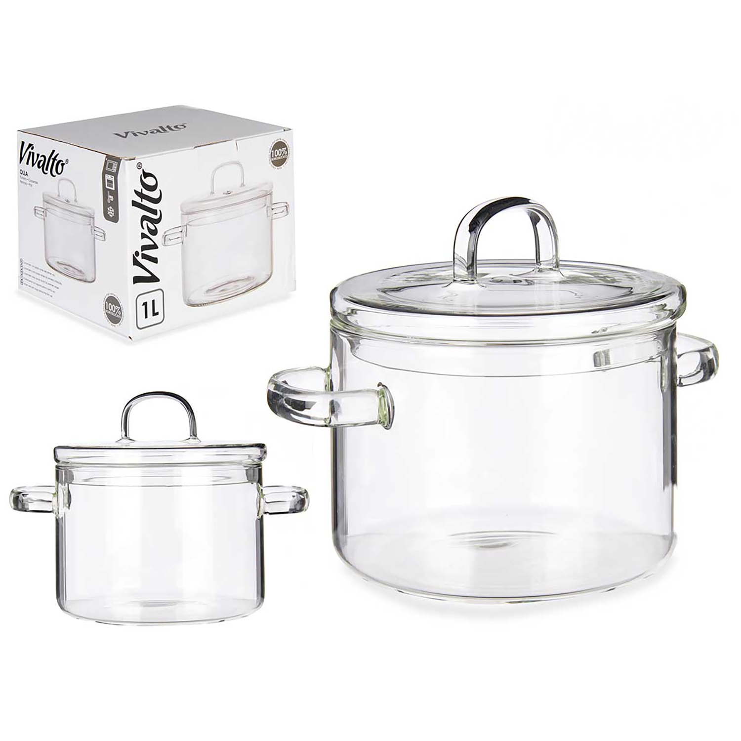 Una olla de cristal transparente con tapa y asas, junto a su embalaje.