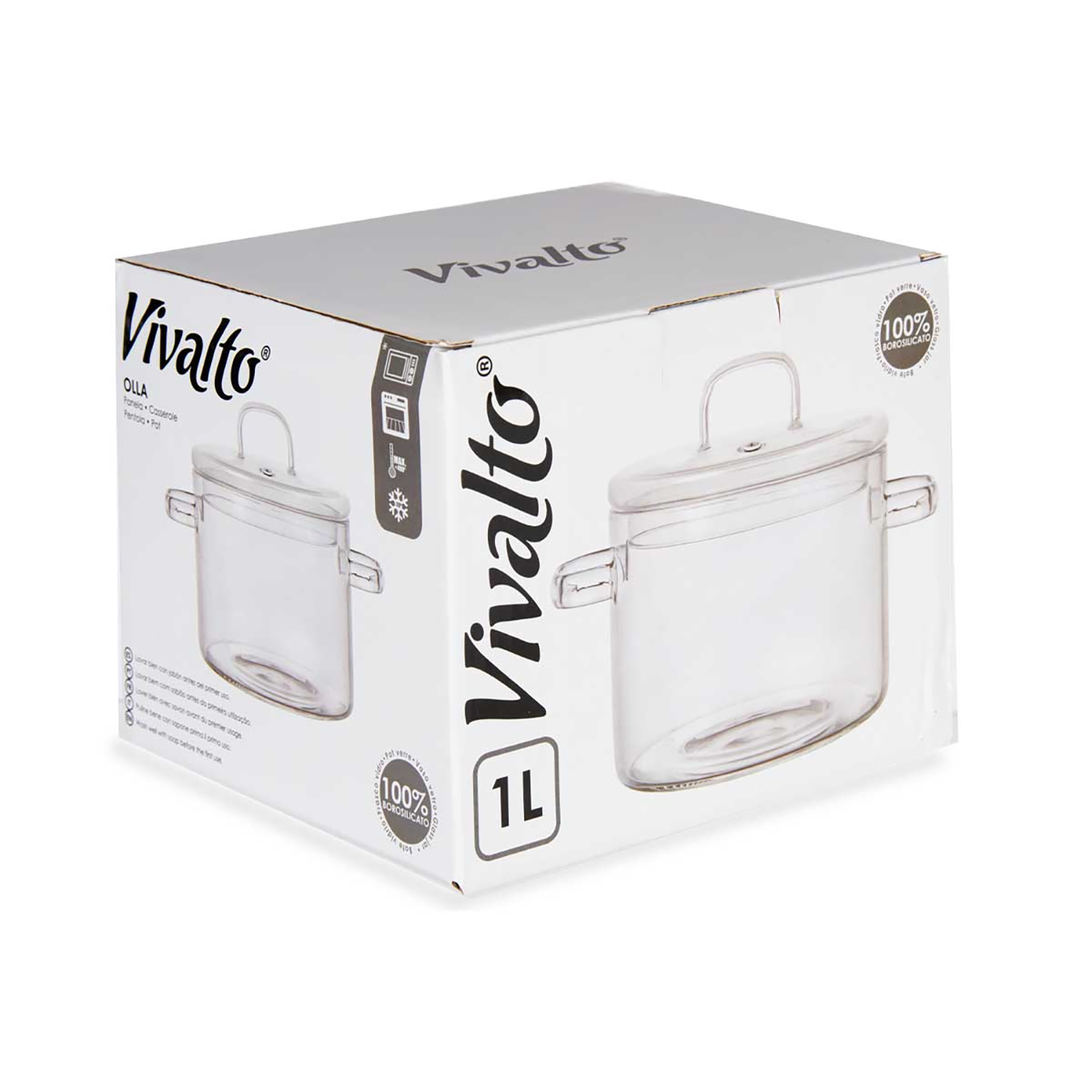 Olla Vivalto de 1L de vidrio borosilicatado en caja, mostrando una olla.