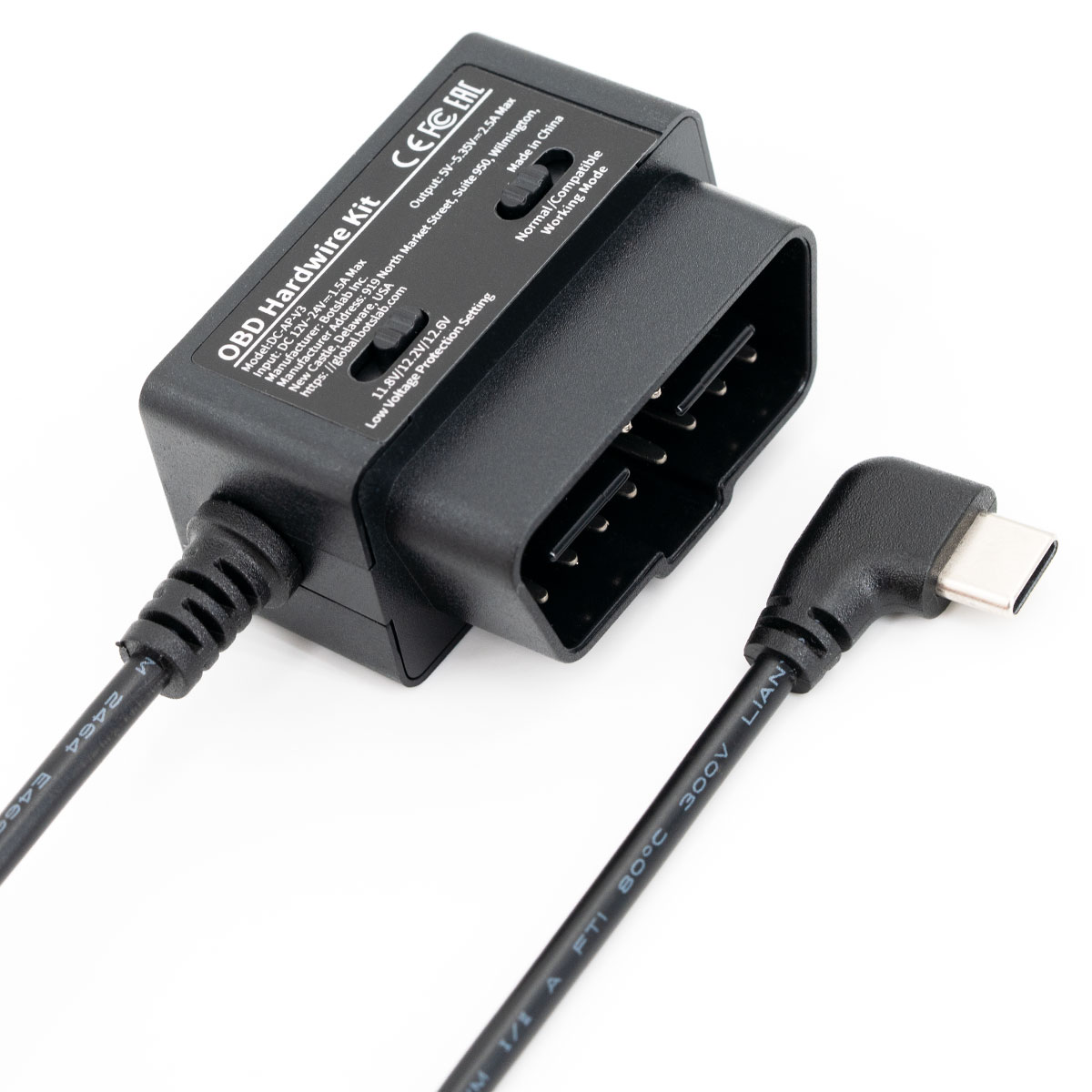 Kit nero cablaggio OBD con cavo USB-C e custodia etichettata.