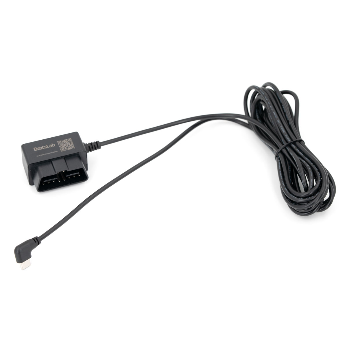 Cavo OBD-II nero con connettore USB-C e filo avvolto. Su sfondo bianco.