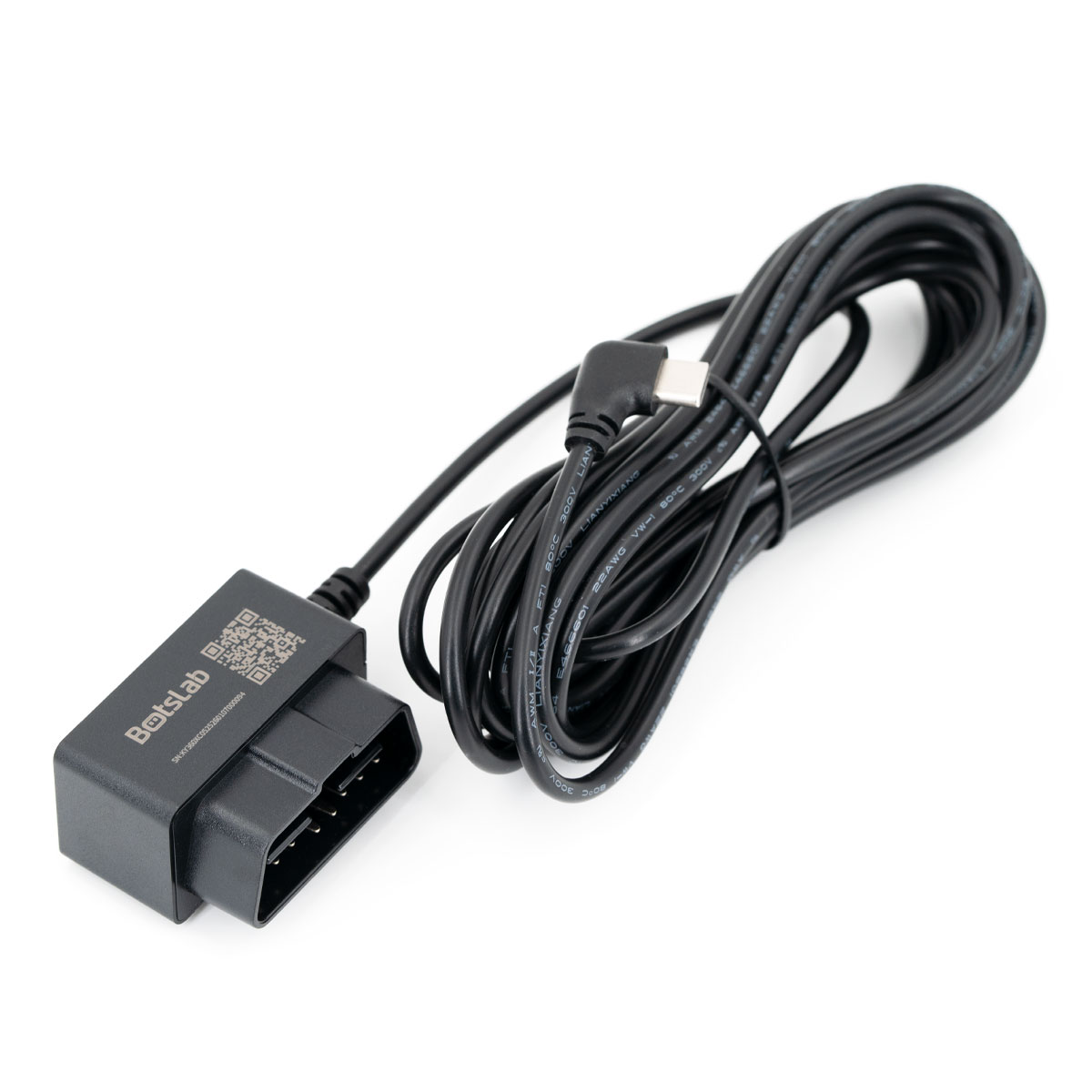 Un cavo diagnostico nero con connettore OBD-II e filo avvolto.