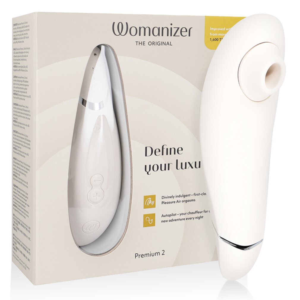 Ein weißes Womanizer Premium 2 Gerät mit Verpackung. Es ist vorne und im Karton abgebildet.