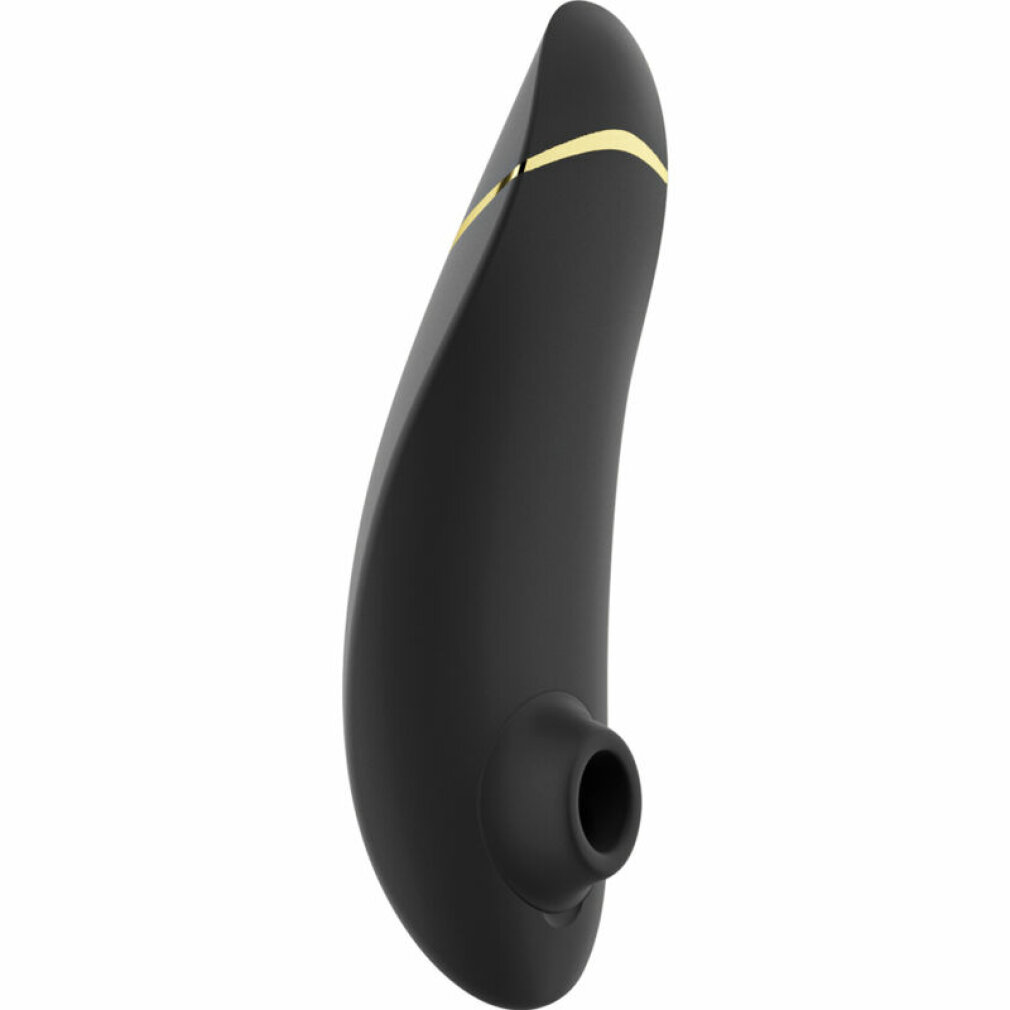 Un dispositivo nero dalla forma ergonomica con una linea dorata in cima.