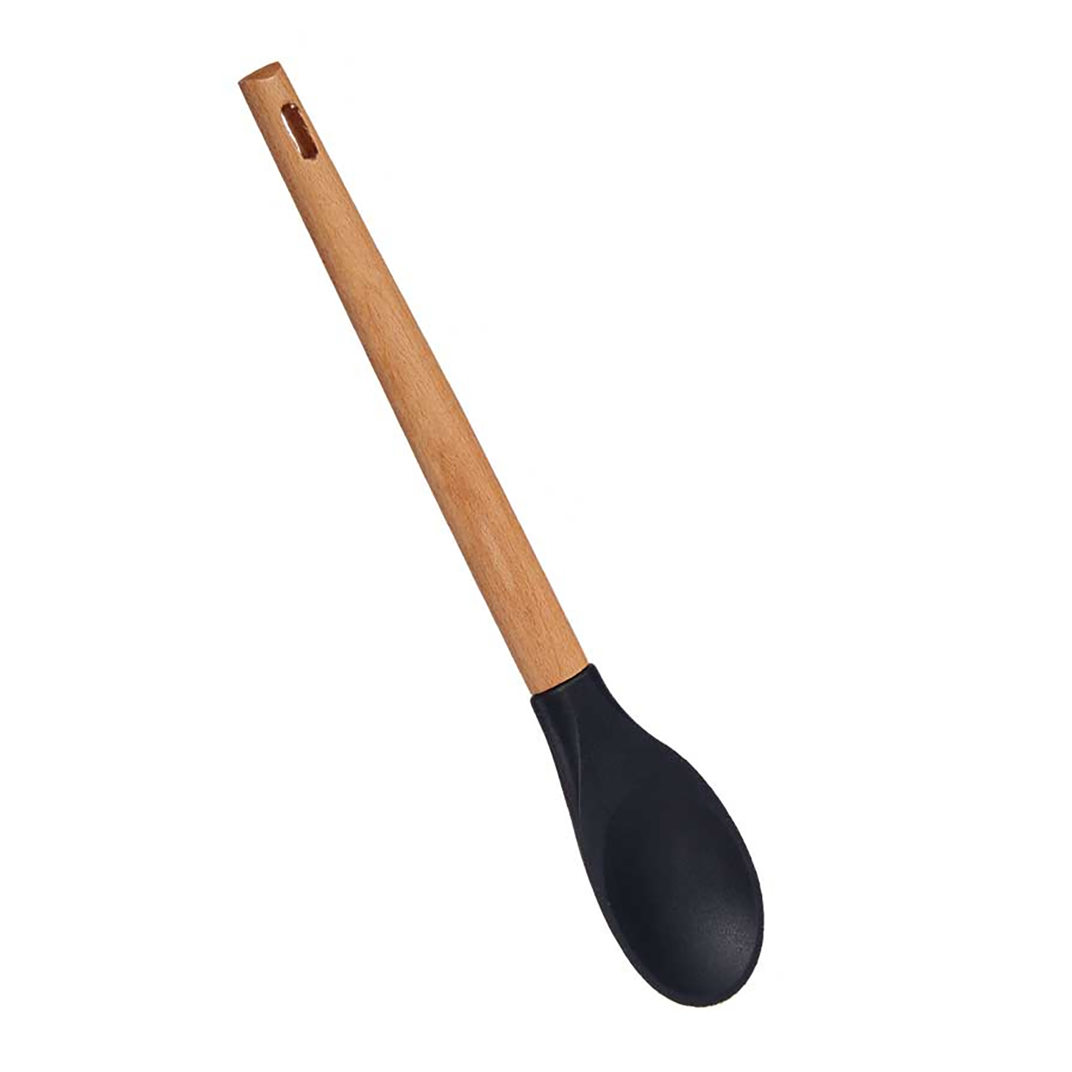 Una cuchara de cocina con mango de madera y cabeza de silicona negra, sobre fondo blanco.
