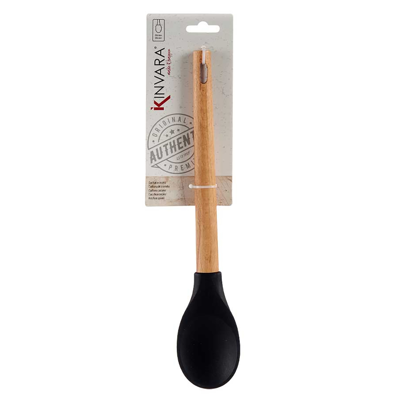 Cuchara de madera con cabeza de silicona negra, empaquetada, con nombre de marca.