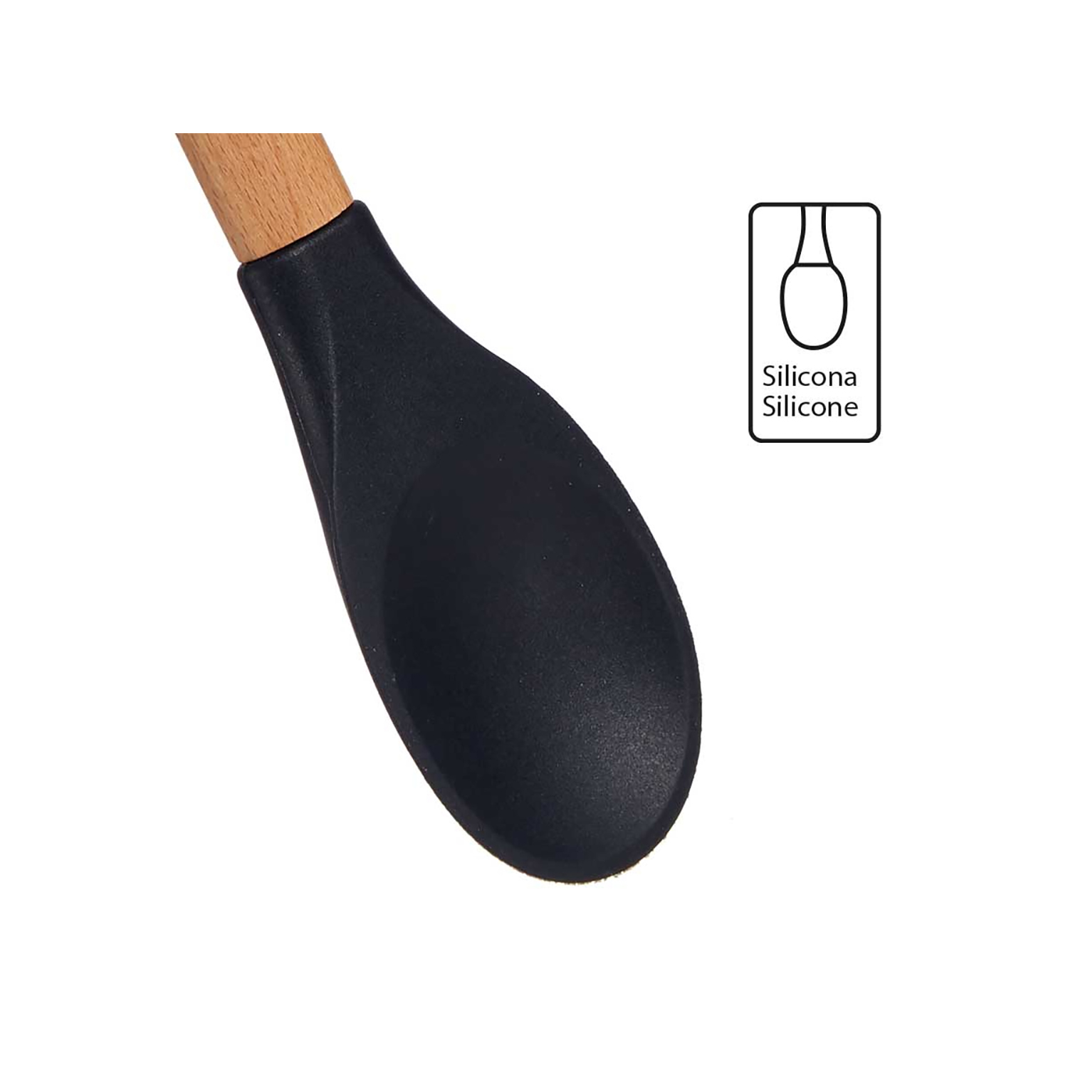 Una espátula de silicona negra con mango de madera y un icono de silicona.