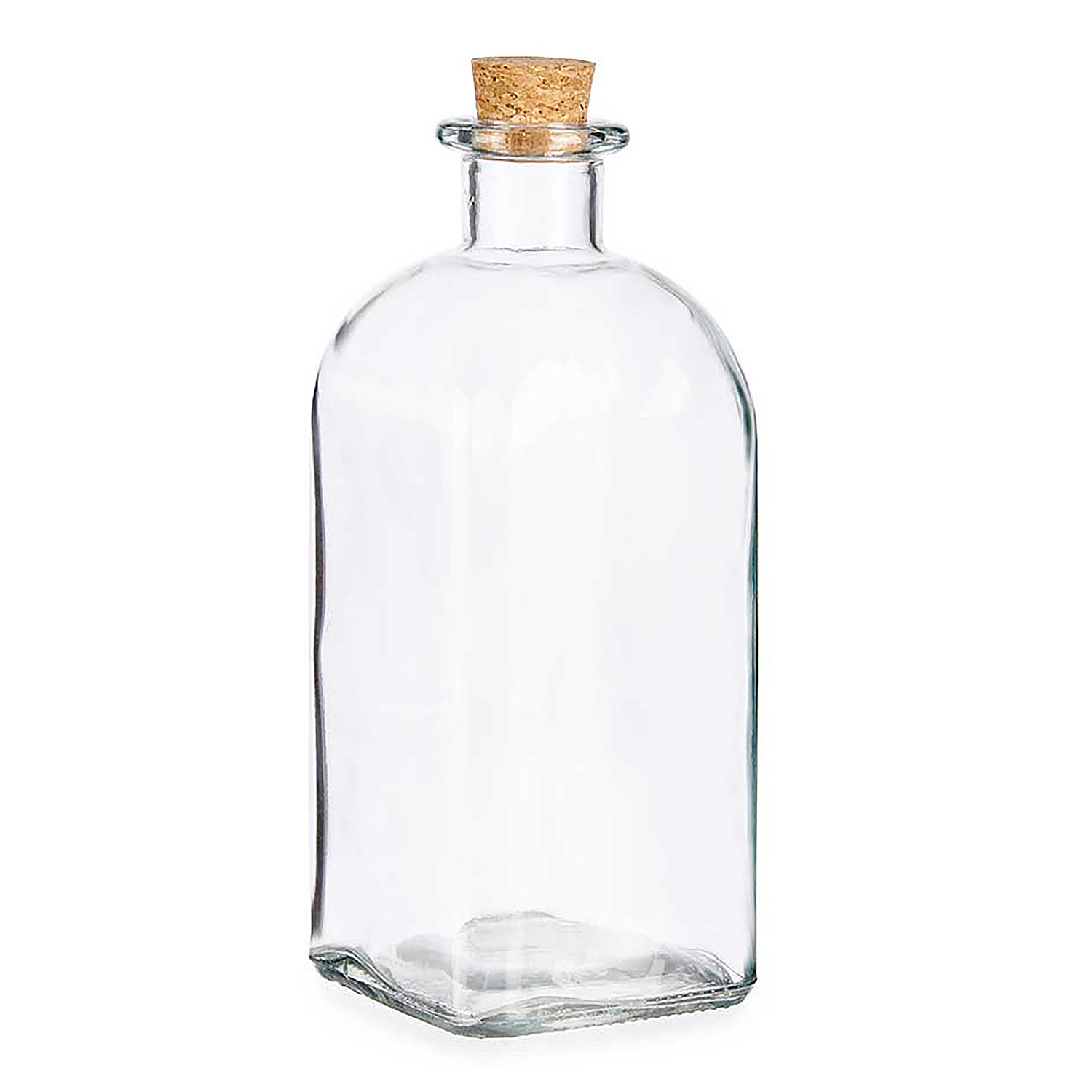 Una botella de vidrio transparente con tapón de corcho, sobre fondo blanco.