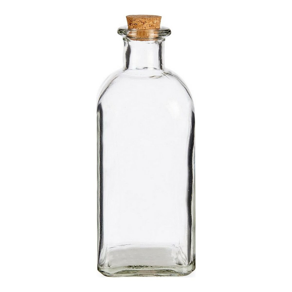 Una botella de vidrio transparente sellada con un corcho.