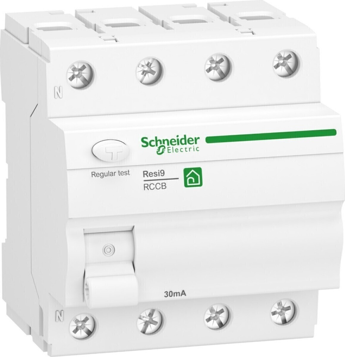 Un RCCB Schneider Electric bianco con interruttore e pulsante di test.