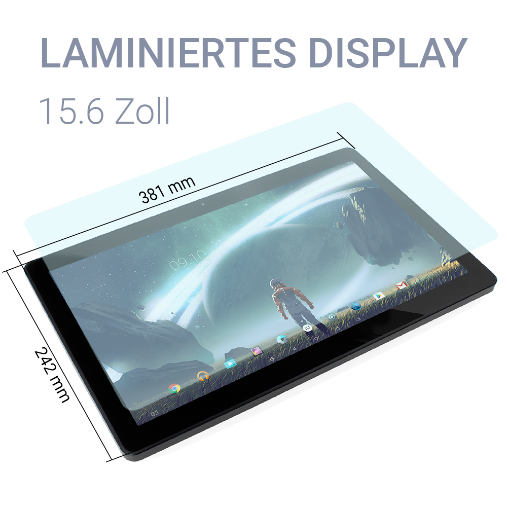 Un tablet da 15,6 pollici con display laminato, che mostra uno sfondo a tema spaziale.