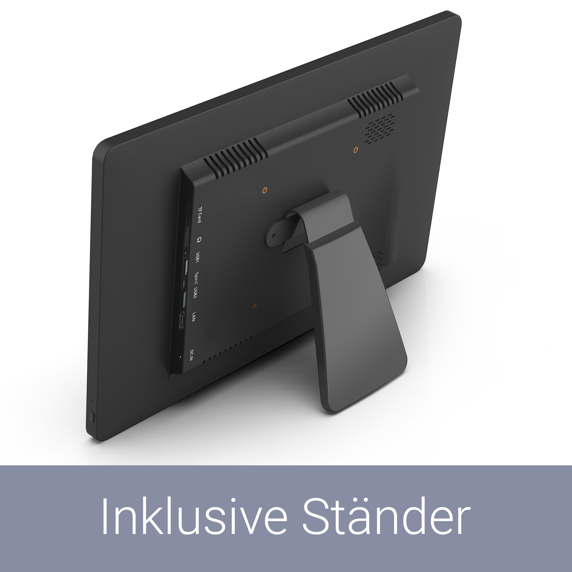 Retro di un monitor nero con supporto e porte: TF Card, USB, LAN, DC IN.