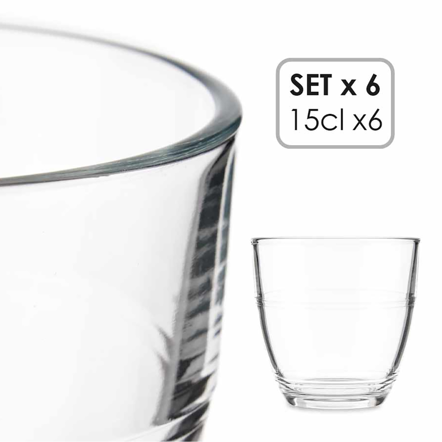 Un set di sei bicchieri trasparenti, ciascuno da 15cl.