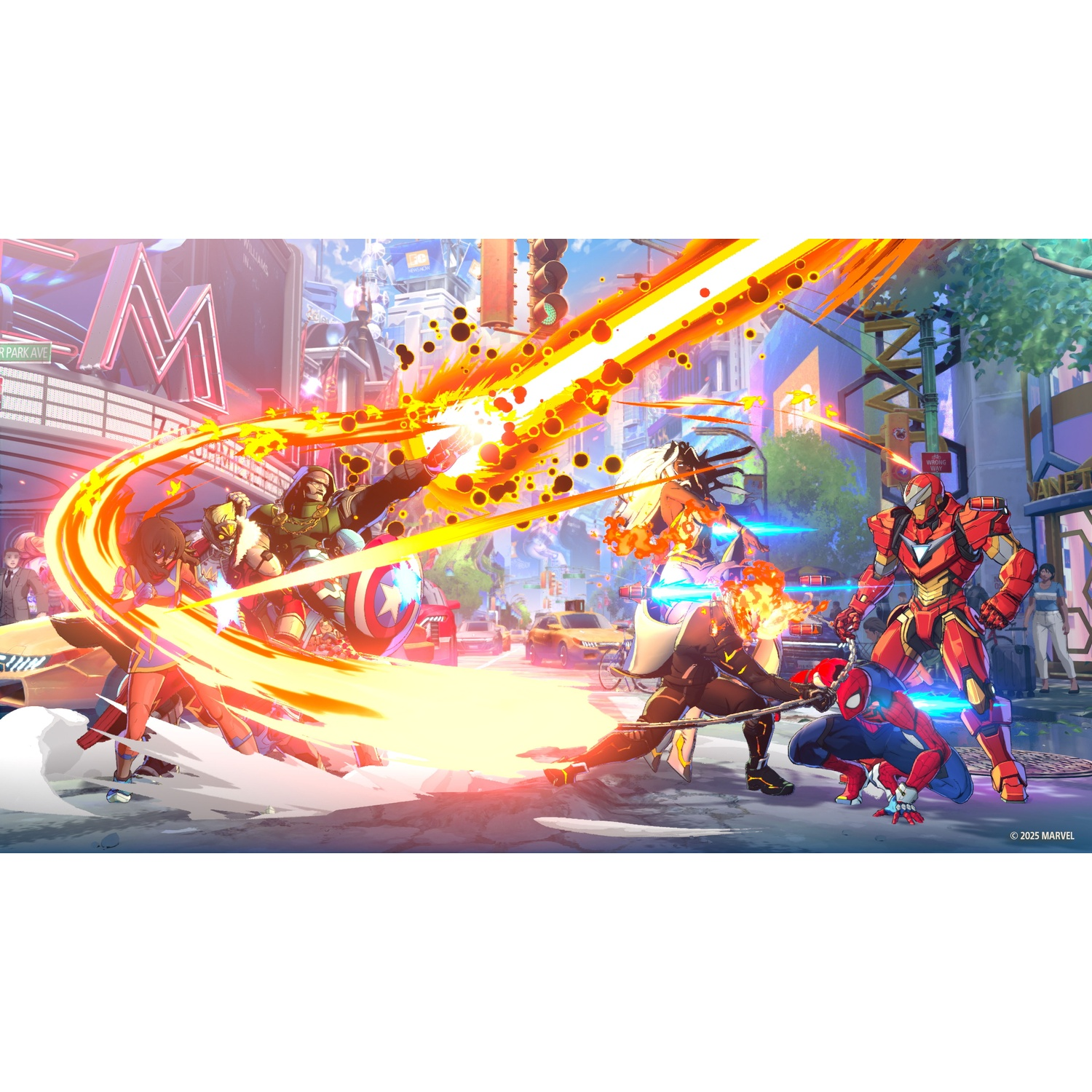 Marvel-Helden kämpfen in einer Stadt mit Explosionen. Spider-Man, Iron Man, Captain America.