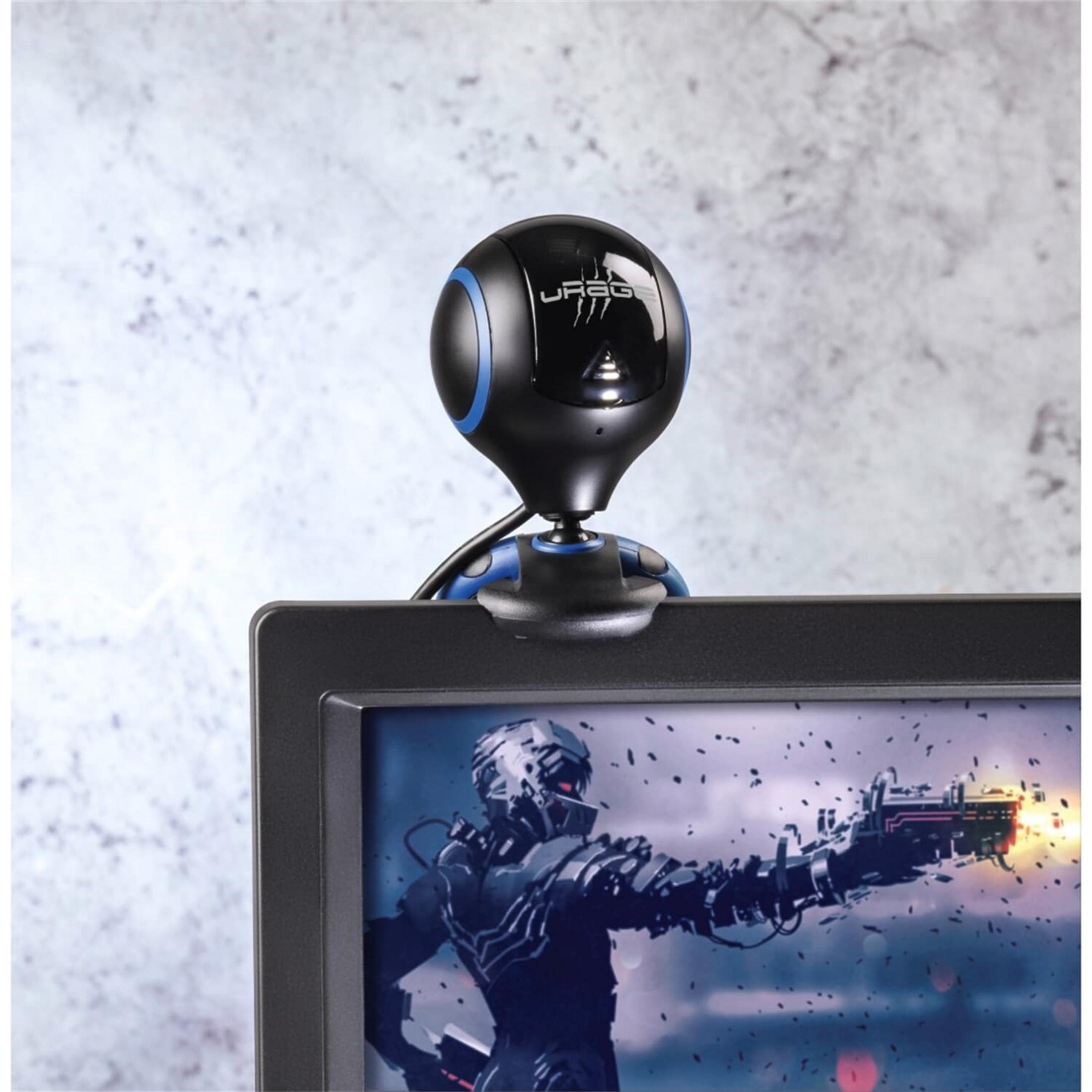 Eine schwarze Webcam mit blauer Zierleiste sitzt auf einem Monitor mit Krieger-Motiv.