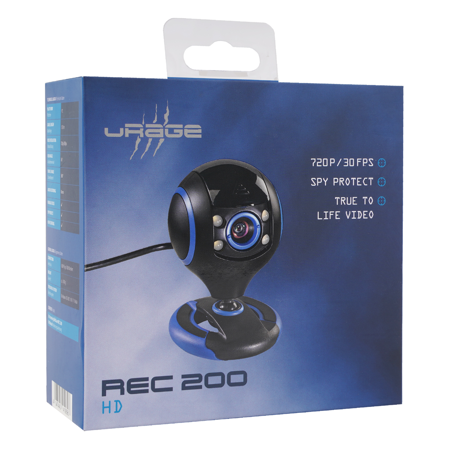 Verpackung einer schwarzen und blauen HD-Webcam mit dem Modellnamen REC 200.