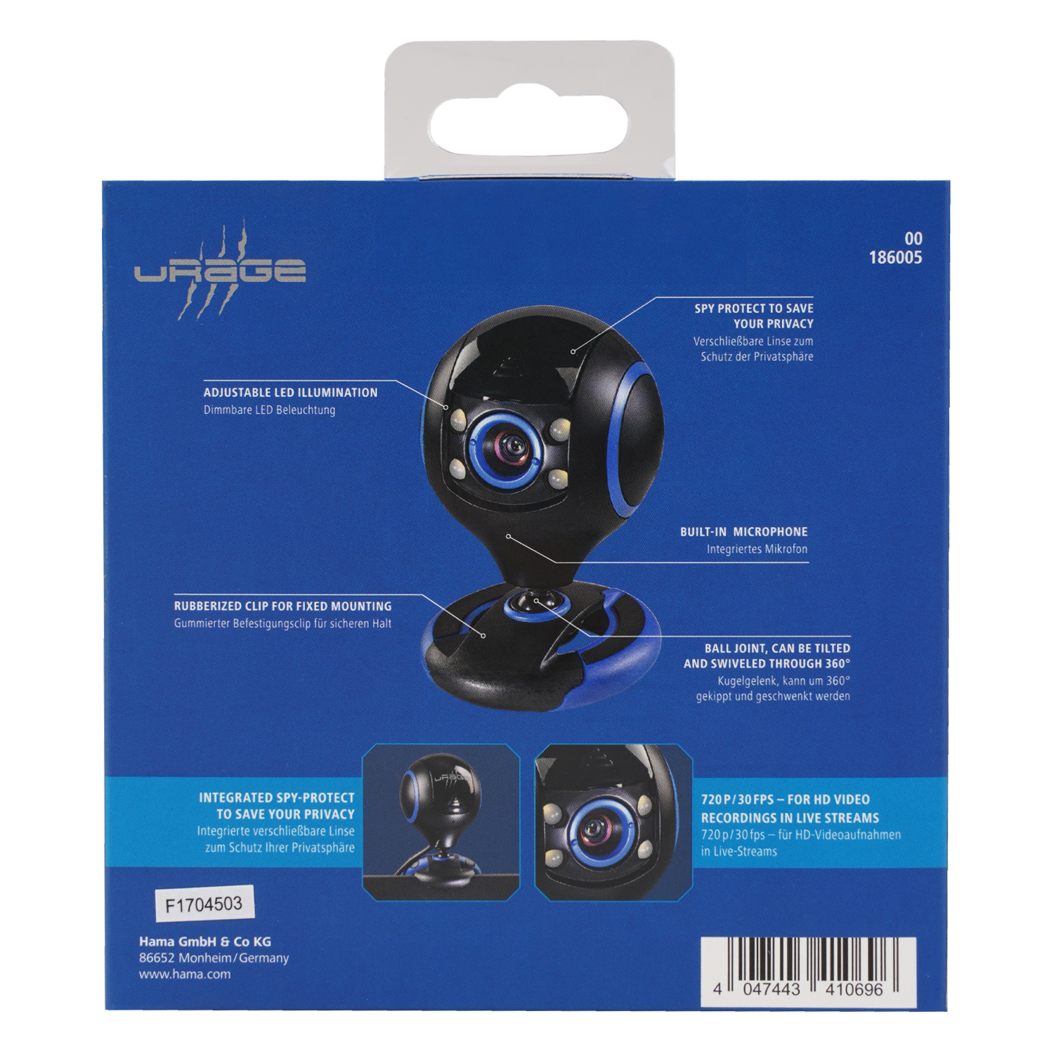 Webcam mit LED-Beleuchtung, Mikrofon, Schwenkarm und integriertem Sichtschutz.