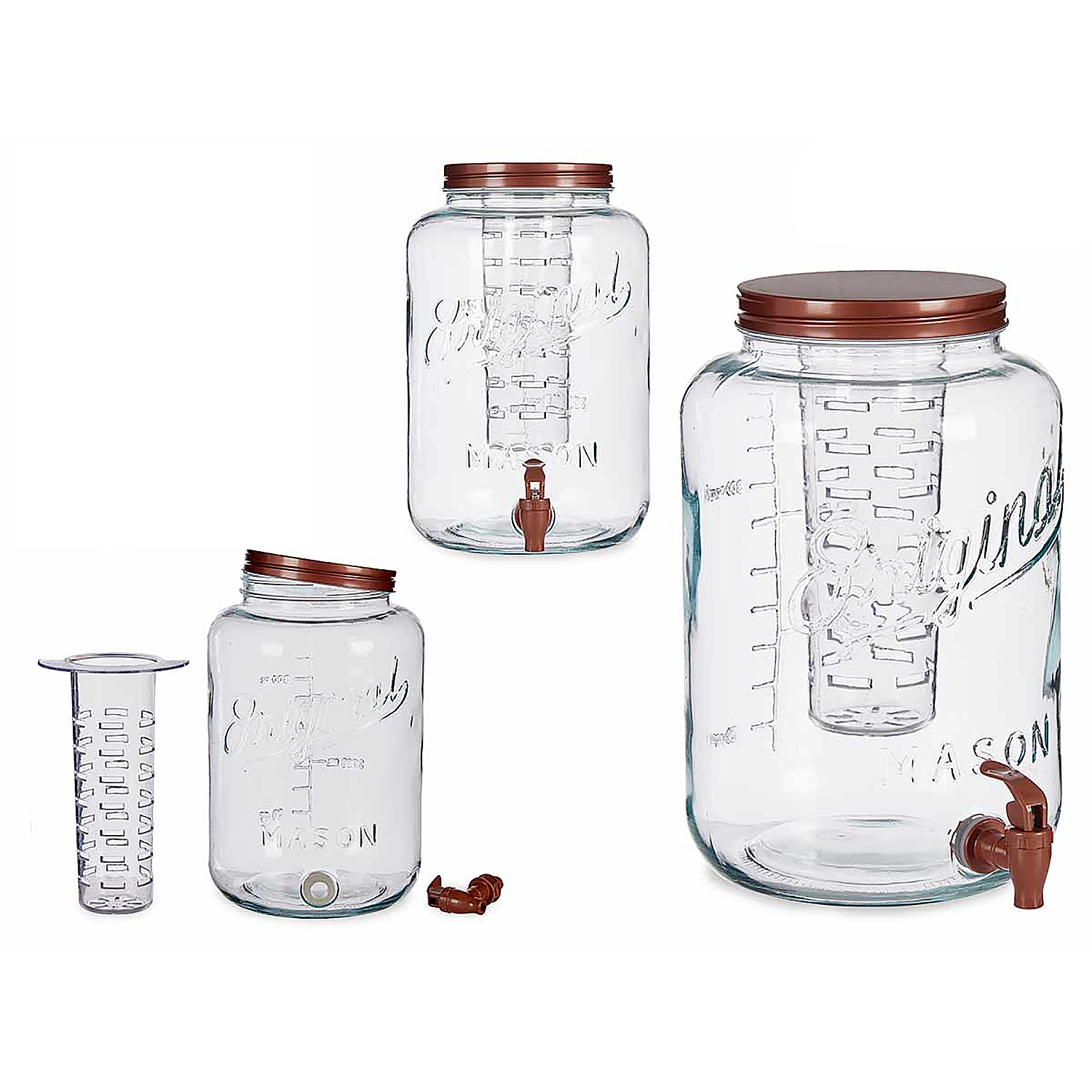 Dispenser per bevande in vetro con rubinetti e inserti per ghiaccio di varie dimensioni.