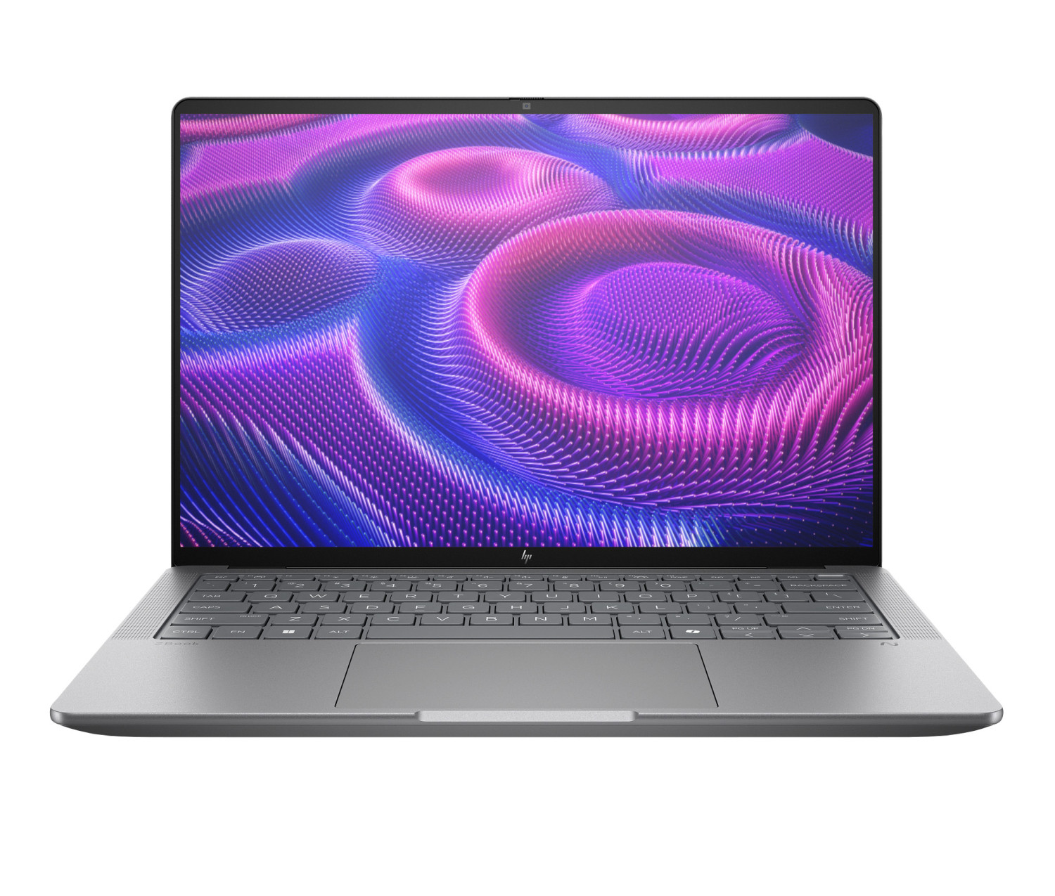Un laptop aperto che mostra uno sfondo astratto e ondulato viola e blu.