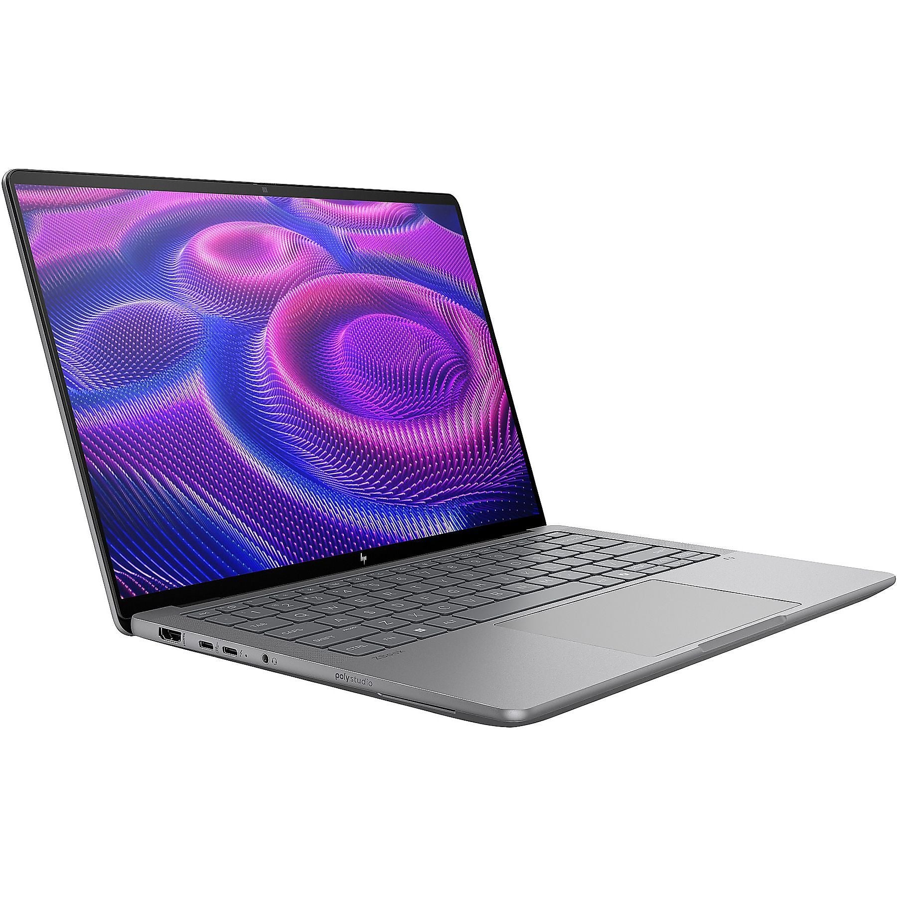 Un laptop argentato mostra un motivo astratto ondulato viola e blu sullo schermo.