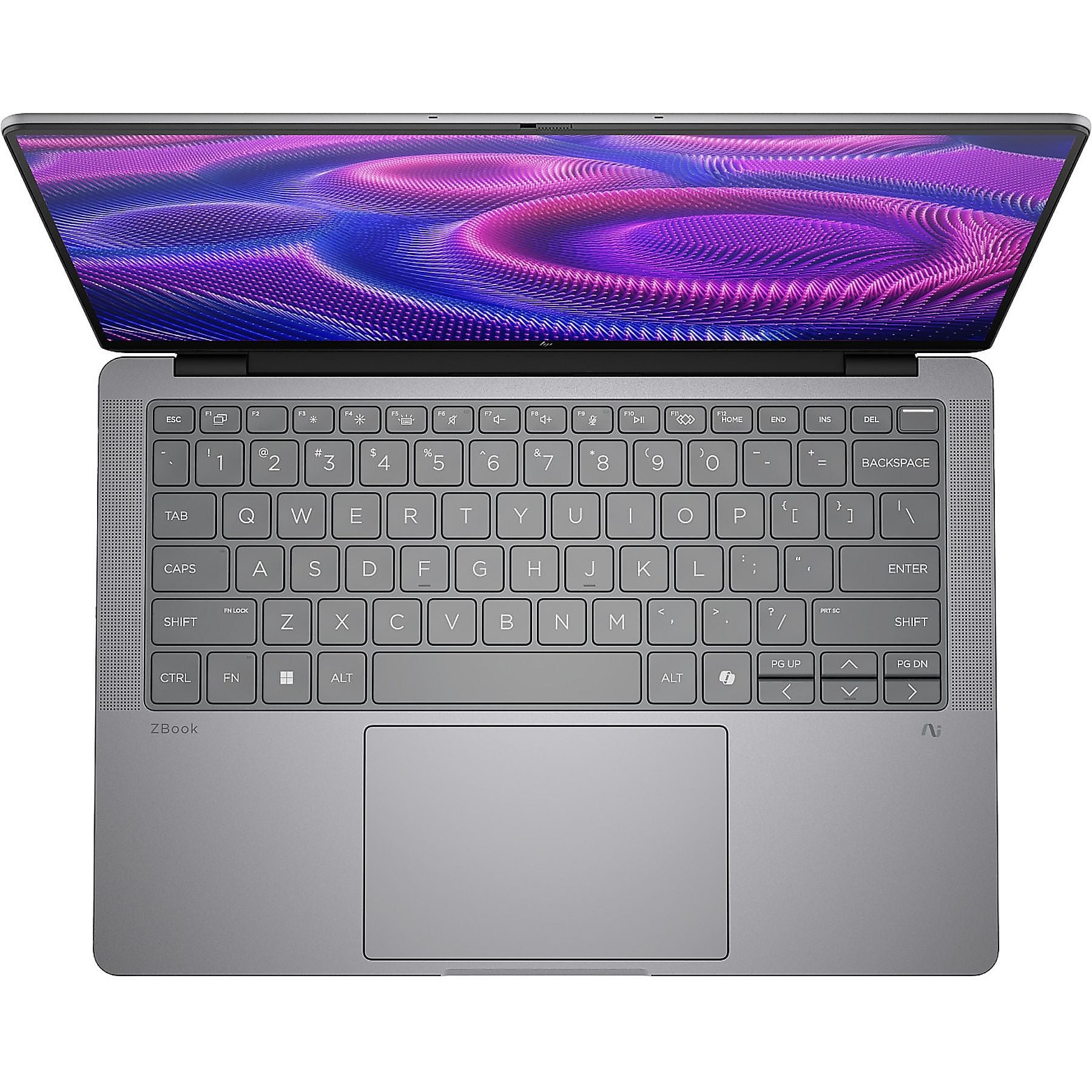 Un laptop HP ZBook argentato è aperto, con uno sfondo astratto colorato sullo schermo.