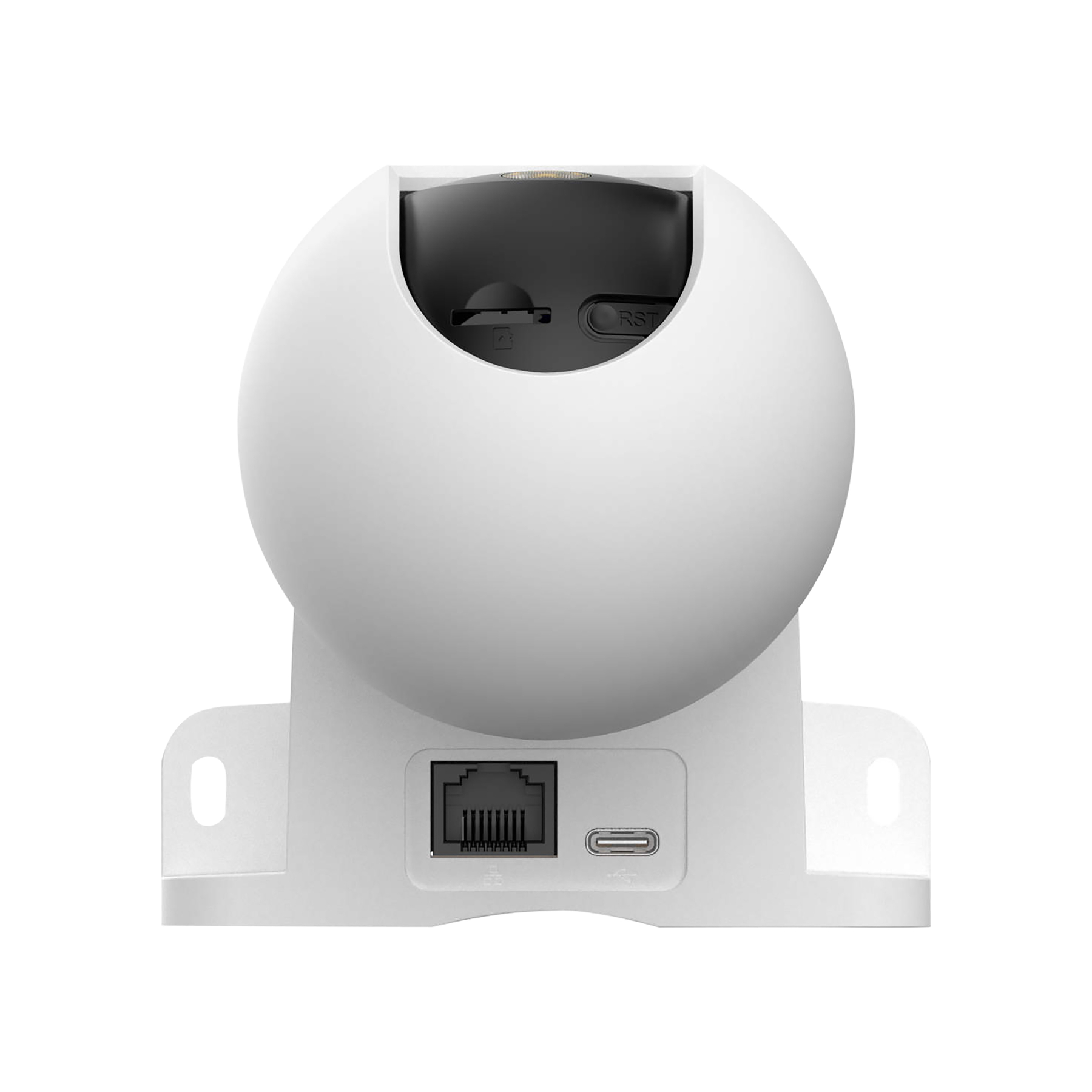 Biała kamera bezpieczeństwa z portami Ethernet i USB-C oraz przyciskiem reset.