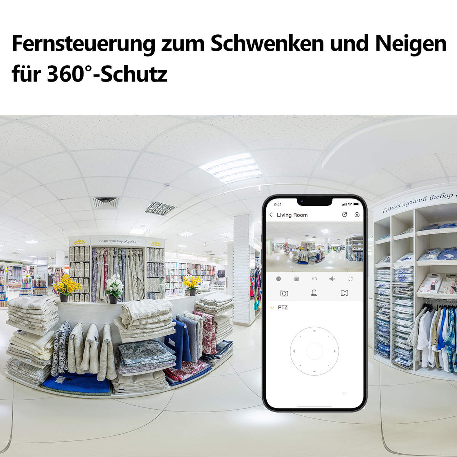 Smartfon wyświetla aplikację kamery bezpieczeństwa w sklepie z tekstyliami, pokazując złożone tkaniny.