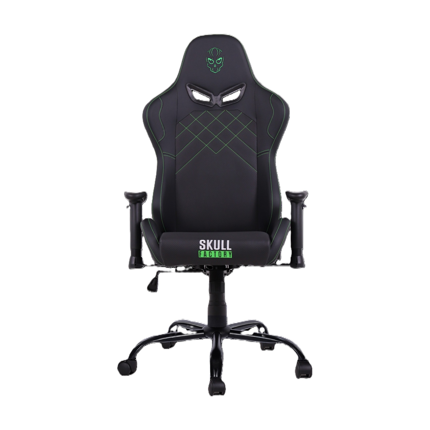 Schwarzer Gaming-Stuhl mit grünem Totenkopf-Logo und Nähten, auf weißem Hintergrund.