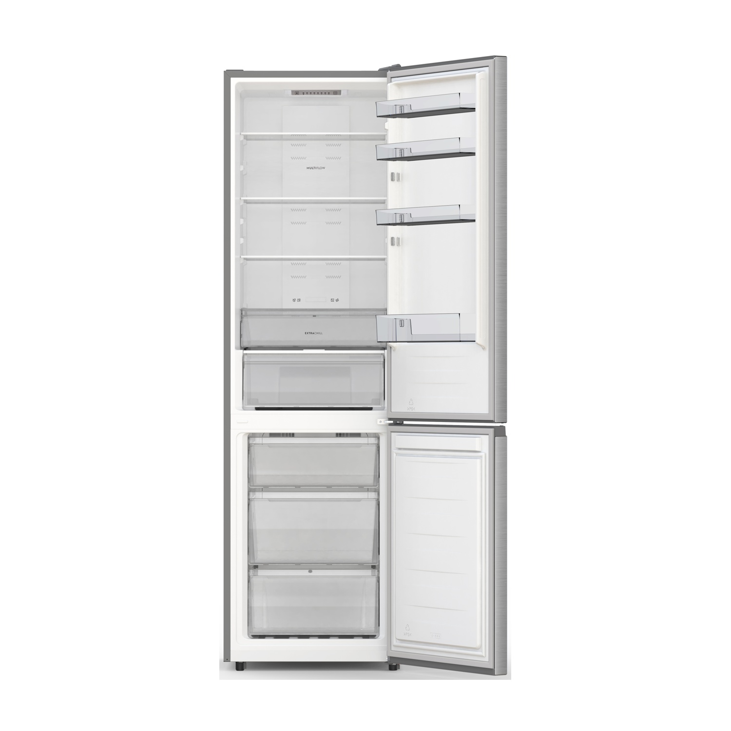 Refrigerador plateado abierto con múltiples estantes y cajones.