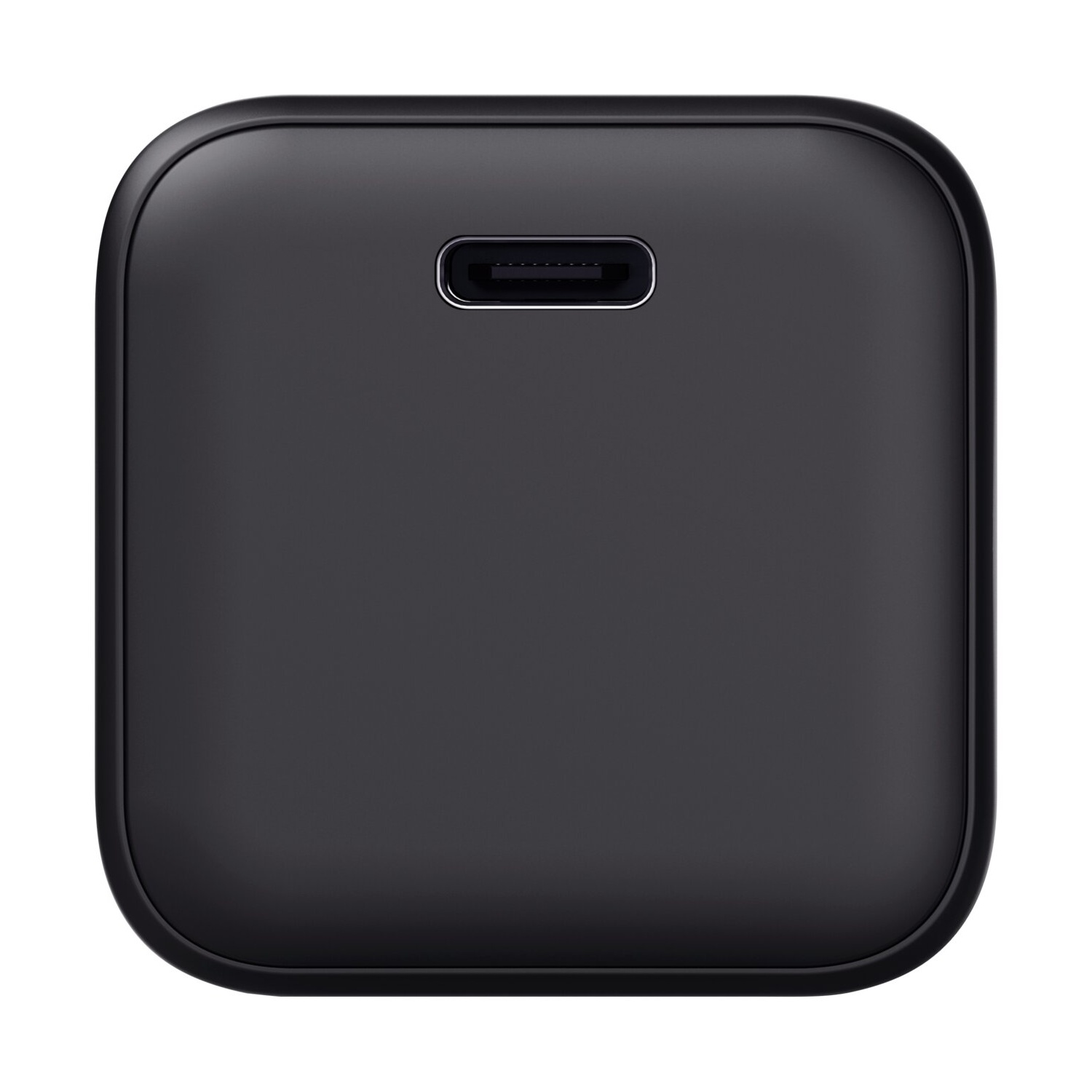 Chargeur USB-C carré noir aux coins arrondis.